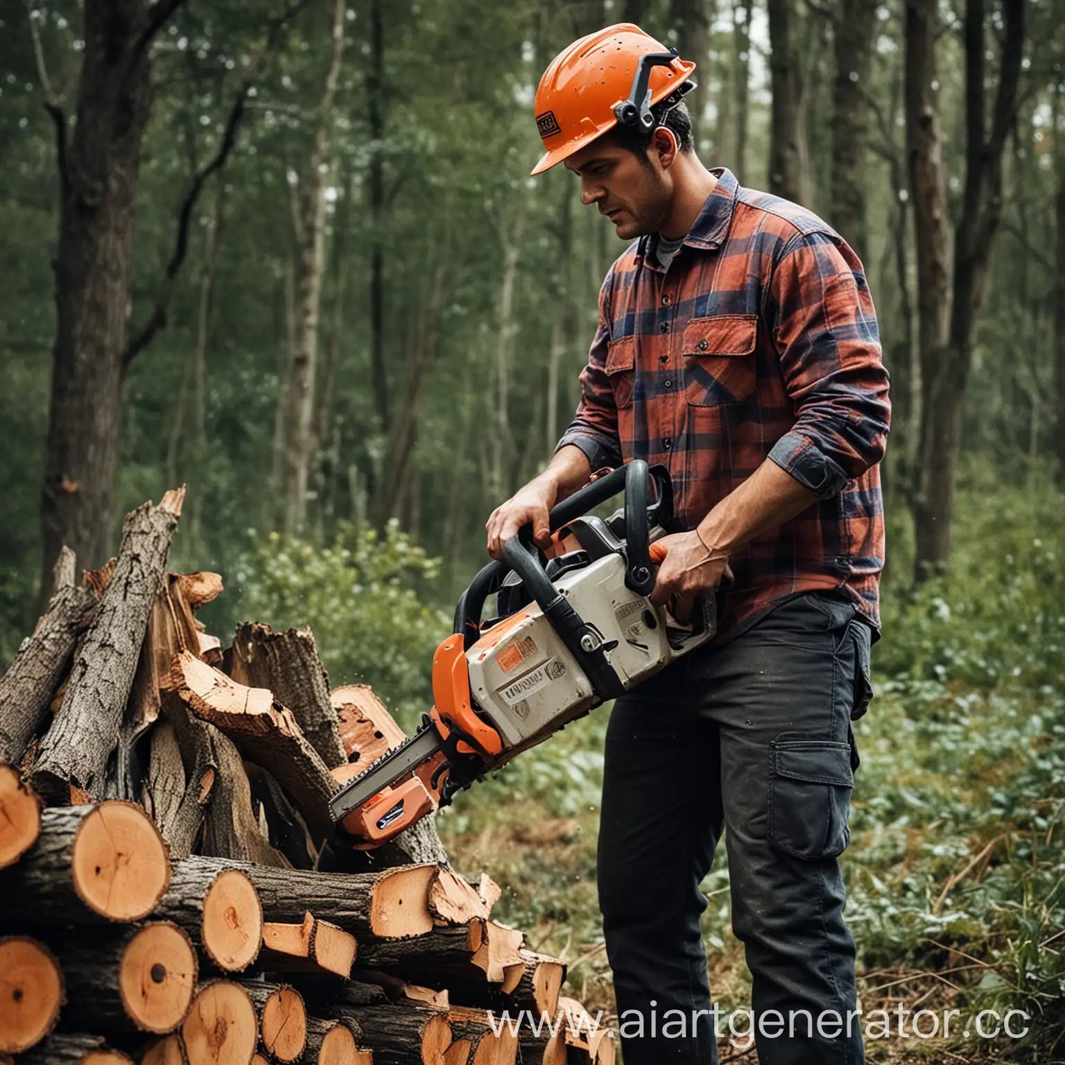 Man-Operating-Chainsaw-in-Forest-Clearing