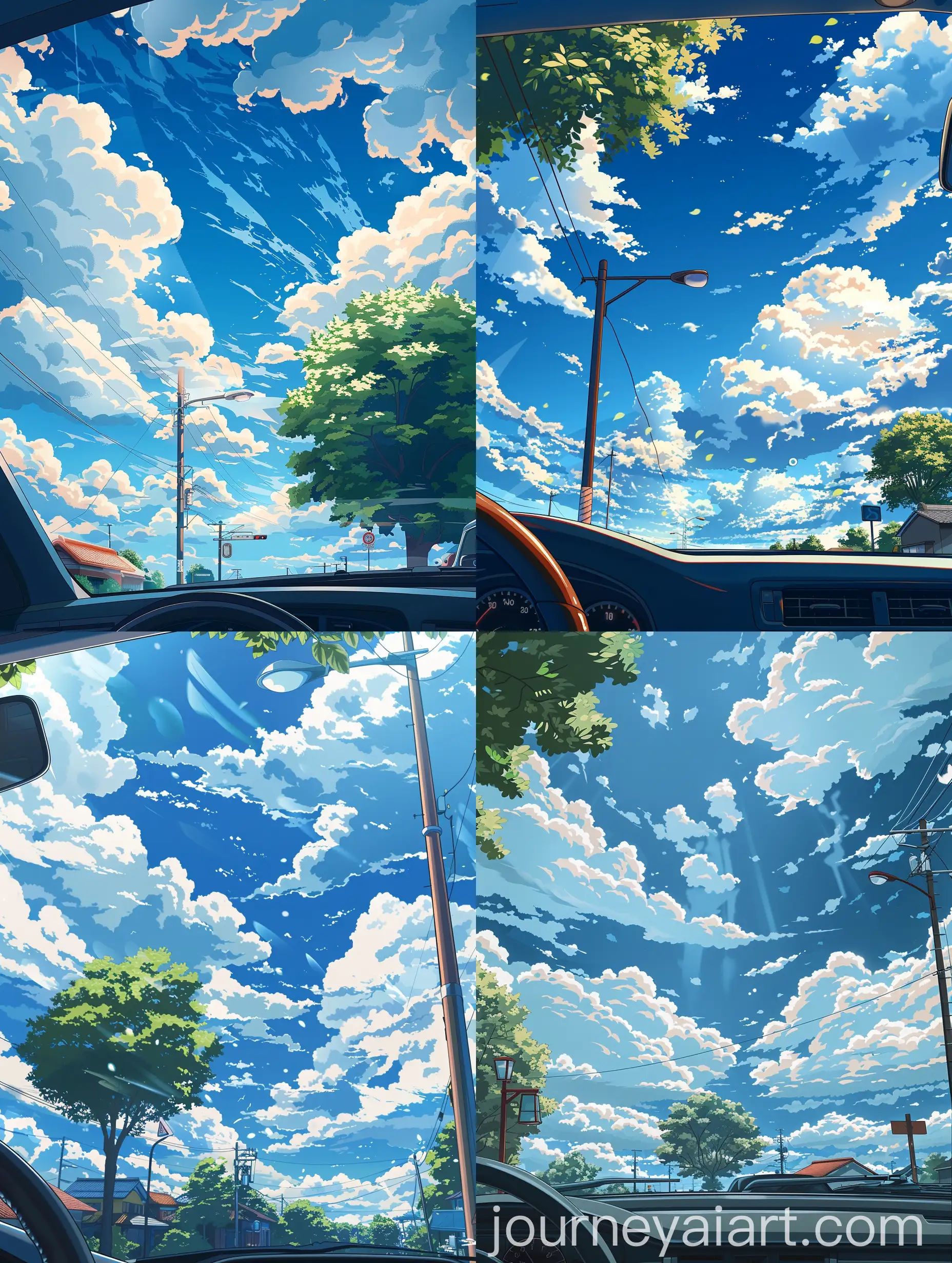 Minimalistic-Anime-Style-Cloudy-Sky-View-from-Car-Drivers-Perspective