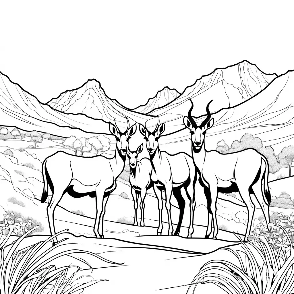 Wildlife antelopes, Coloring Page, black and white, line art, white background, Simplicity, Ample White Space. The background of the coloring page is plain white to make it easy for young children to color within the lines. The outlines of all the subjects are easy to distinguish, making it simple for kids to color without too much difficulty