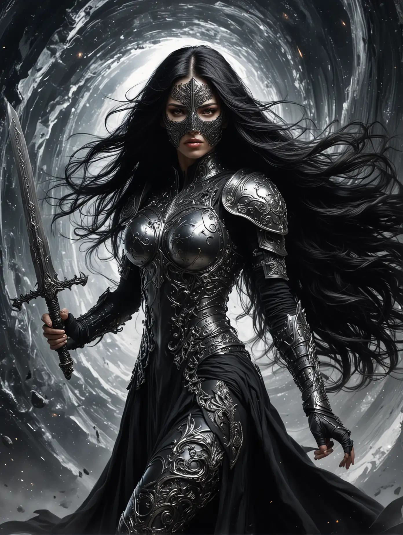 Ethereal-Military-Woman-Defends-Black-Hole-with-Silver-Armor-and-Sword-in-Space