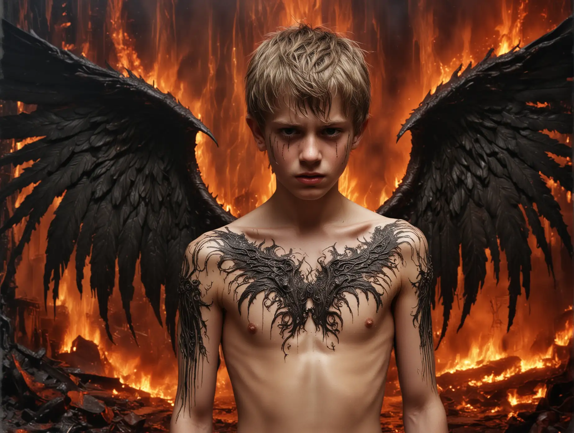 filigree!!
almost naked crying boy 14 years old with demonic webbed leather wings, pain, suffering,
realistic, beautiful, in the background is the fiery abyss of hell.