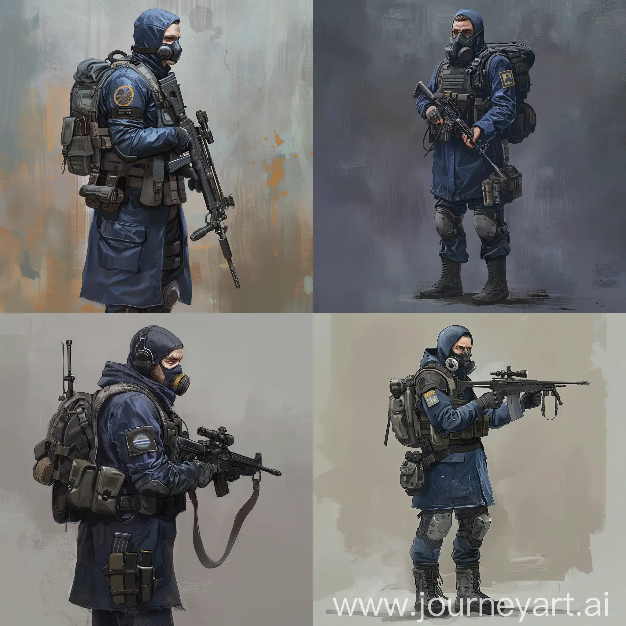 Concept art a mercenary from the universe of S.T.A.L.K.E.R., a mercenary dressed in a dark blue military raincoat, gray military armor on his body, a gas mask on his face, a small military backpack on his back, sniper rifle in his hands.