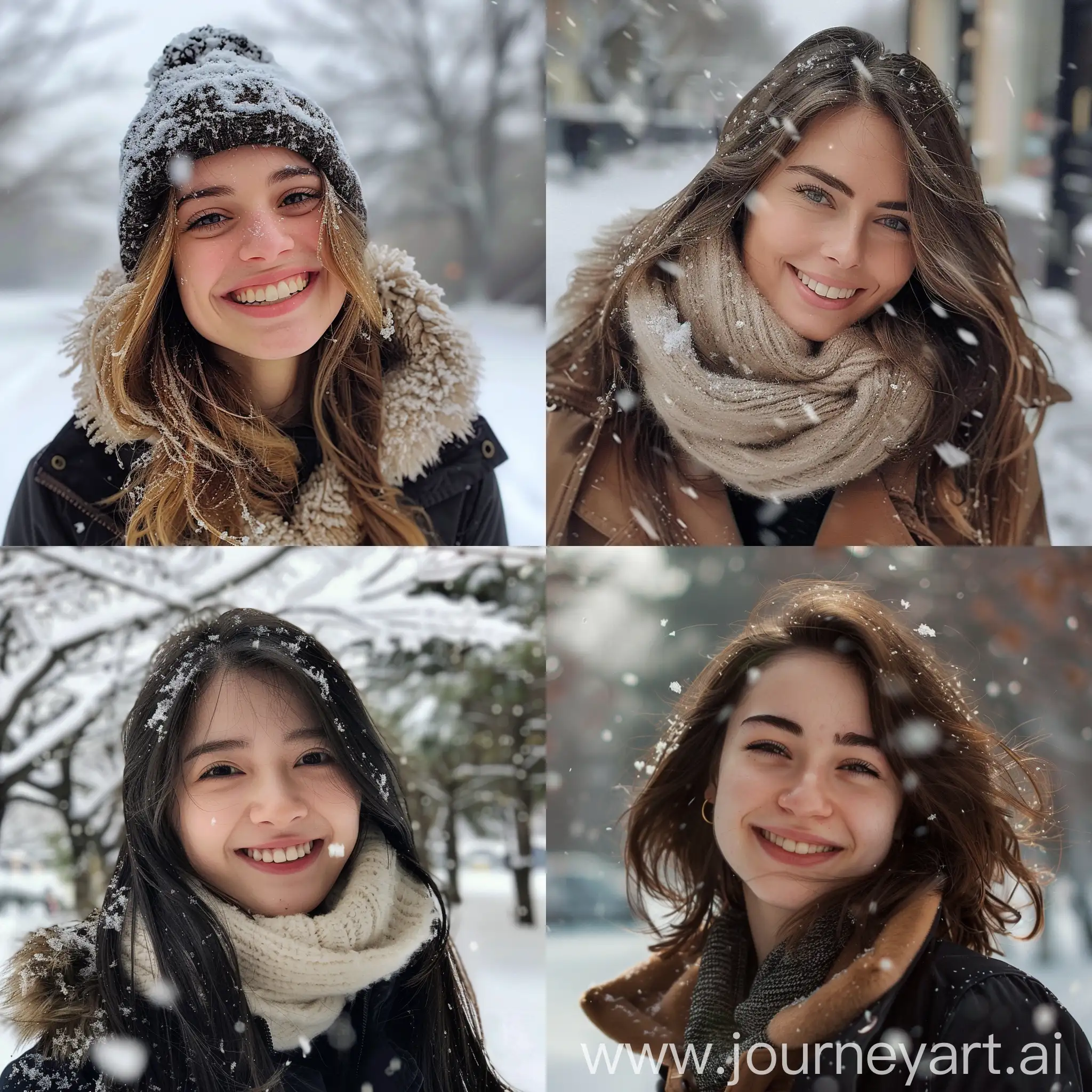 a real person, a beauty who is smiling,the weather is snowy