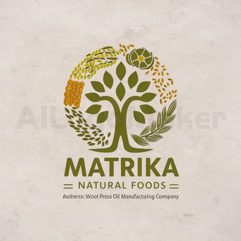 a logo design,with the text "MATRIKA natural foods", main symbol:LOGO for wood press oil manufacturing company named MATRIKA natural foods. Need logo that represent authentic wood press oil . should be unique in this cluttered market. Logo should not represent only oil bcz in future many products will be added like grains & its flour, pulses etc.,Moderate,be used in Others industry,clear background