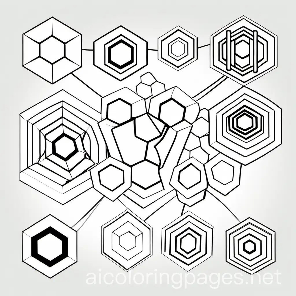 A few simple hexicon of different sizes, Coloring Page, black and white, line art, white background, Simplicity, Ample White Space. The background of the coloring page is plain white to make it easy for young children to color within the lines. The outlines of all the subjects are easy to distinguish, making it simple for kids to color without too much difficulty