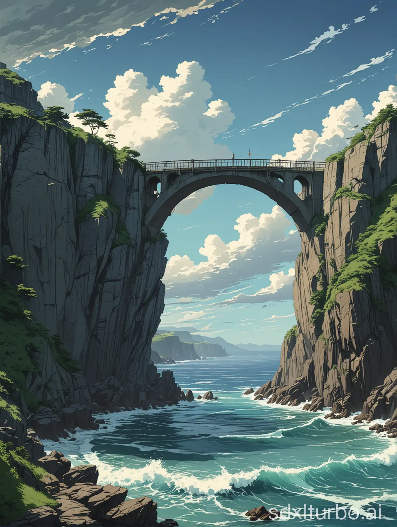 Studio ghibli anime style, A scenic coastal landscape featuring a tall concrete arch bridge extending over a deep ravine. In the background, rugged cliffs line the shoreline, with waves crashing against them. The scene is framed by rolling hills and a mountainous horizon, set under a partly cloudy sky. The ocean stretches to the right with a mix of light and dark blue hues.