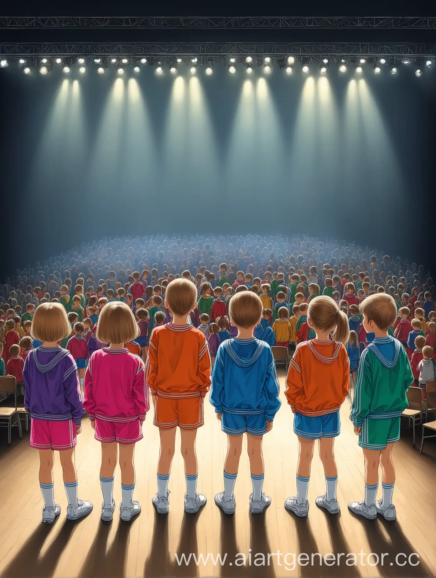 Рисунок, 4 ребенка смотрят на сцену из-за кулис перед выступлением, дети стоят спиной к нам, видно зал, видно сцену и софиты, дети одеты в спортивные костюмы 90-х годов, дети от 8 до 15 лет