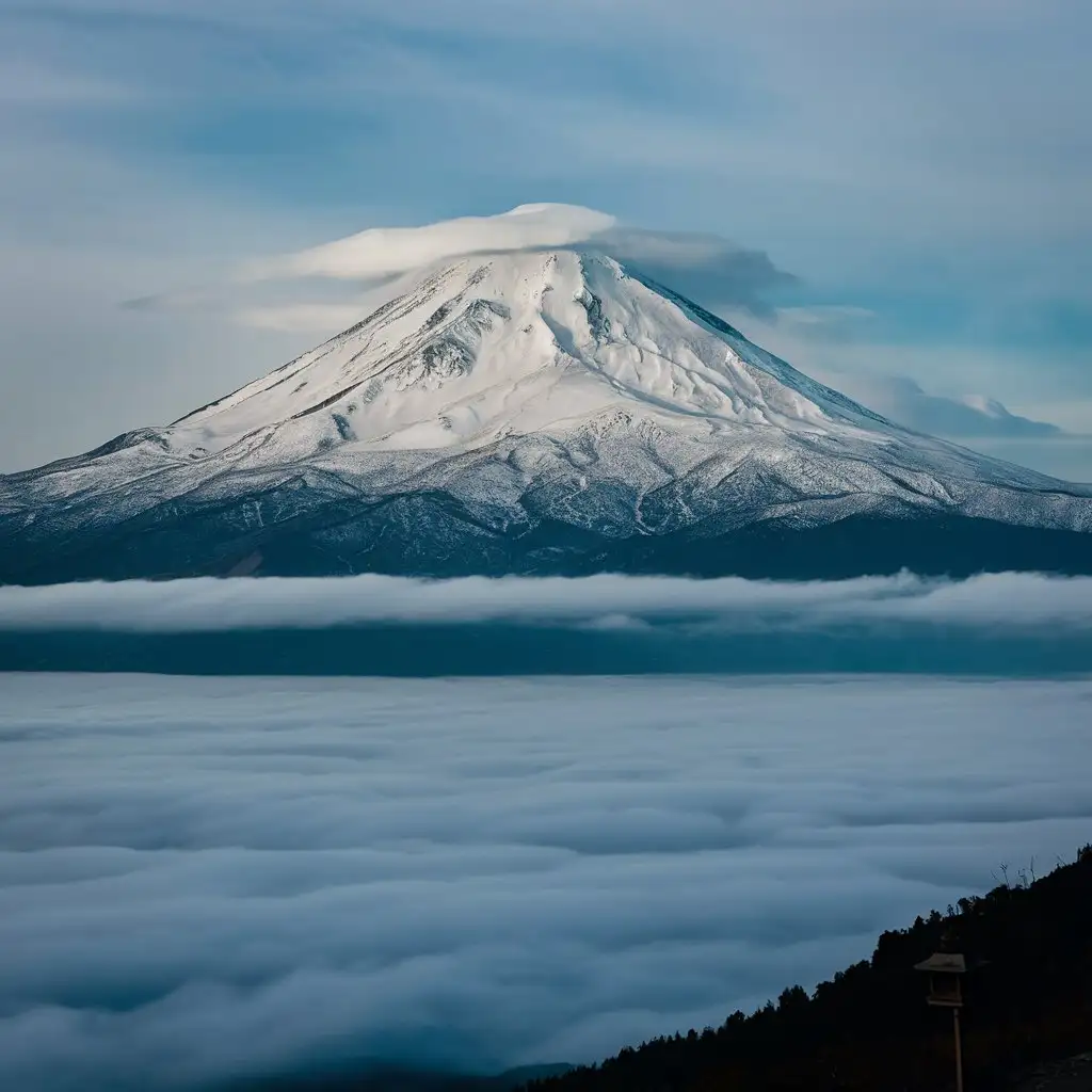 The snow-capped volcano rising above a sea of clouds, a symbol of Japan's natural beauty.