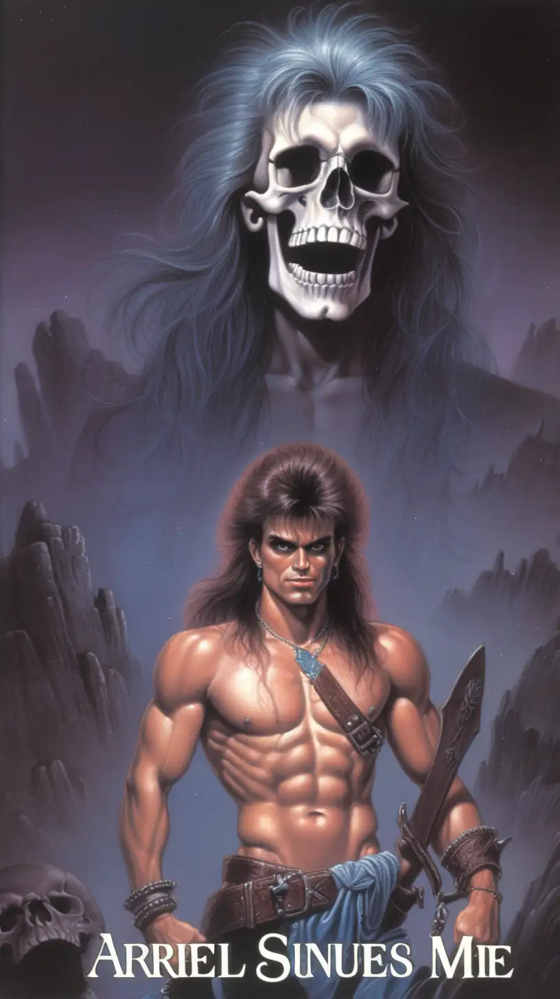 1980s dark fantasy book cover concept, bone me hot, skullet hair guy, Ariel splits, 
