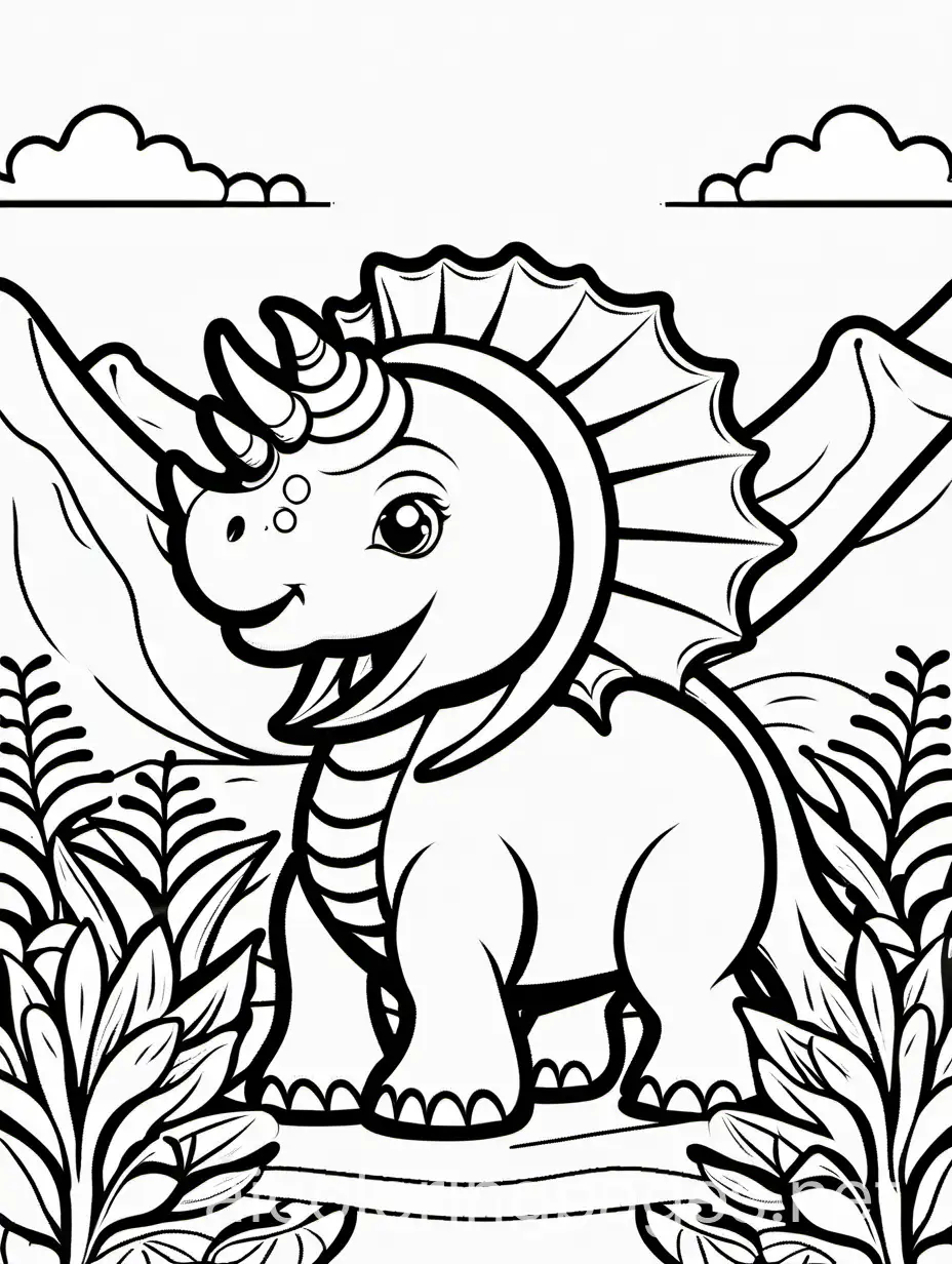 cute cartoon triceratops, Coloring Page, black and white, line art, white background, Simplicity, Ample White Space. The background of the coloring page is plain white to make it easy for young children to color within the lines. The outlines of all the subjects are easy to distinguish, making it simple for kids to color without too much difficulty