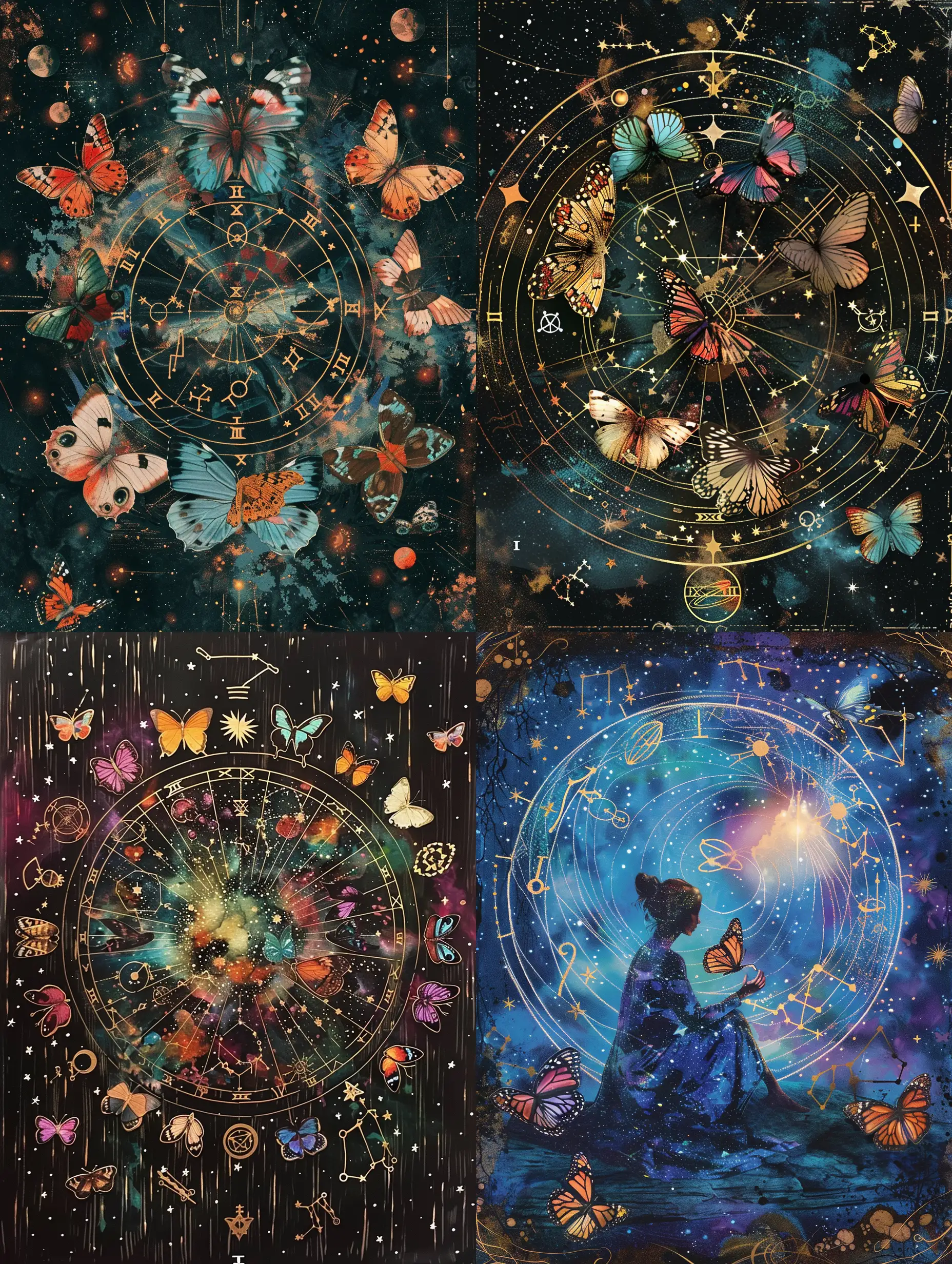 make a tarot card cover with butterflies cosmos and astrological signs in a circle