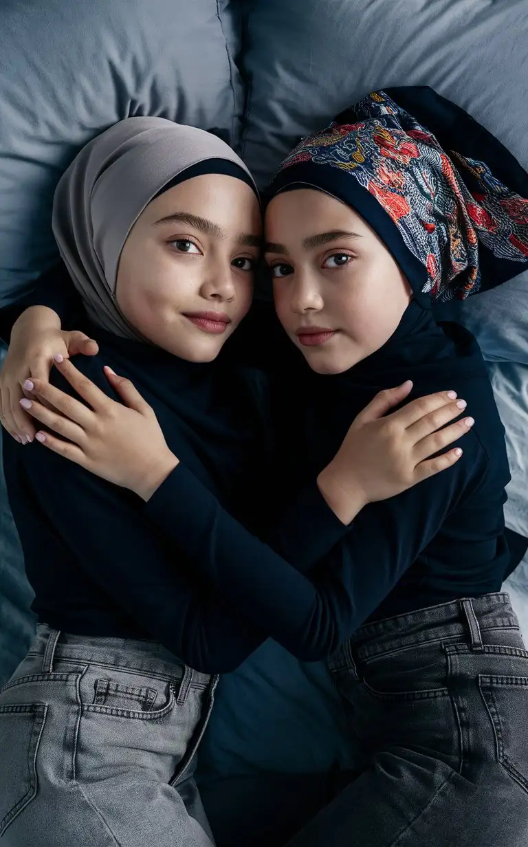 2 little porcelain skin girl.  14 years old. They wear a modern hijab, skinny jeans.
They are beautiful. They lie on the bed. well-groomed, turkish, quality face, plump lips.
Bird's eye view, top view, cool face, hugs. nail polish.  