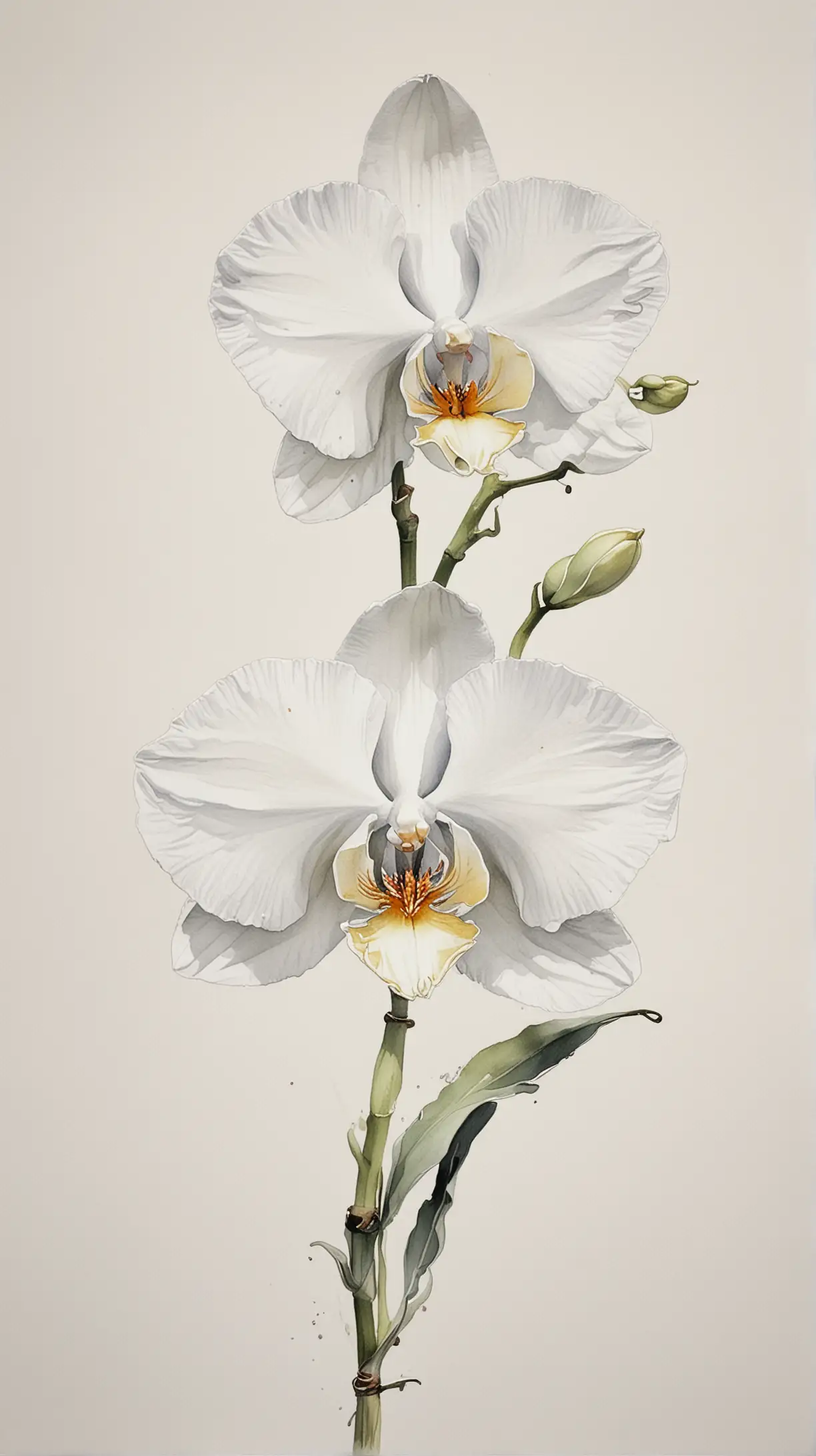 watercolour illustration, loose brush strokes of a white orchid on solid white background in the style of vivienne cawson
