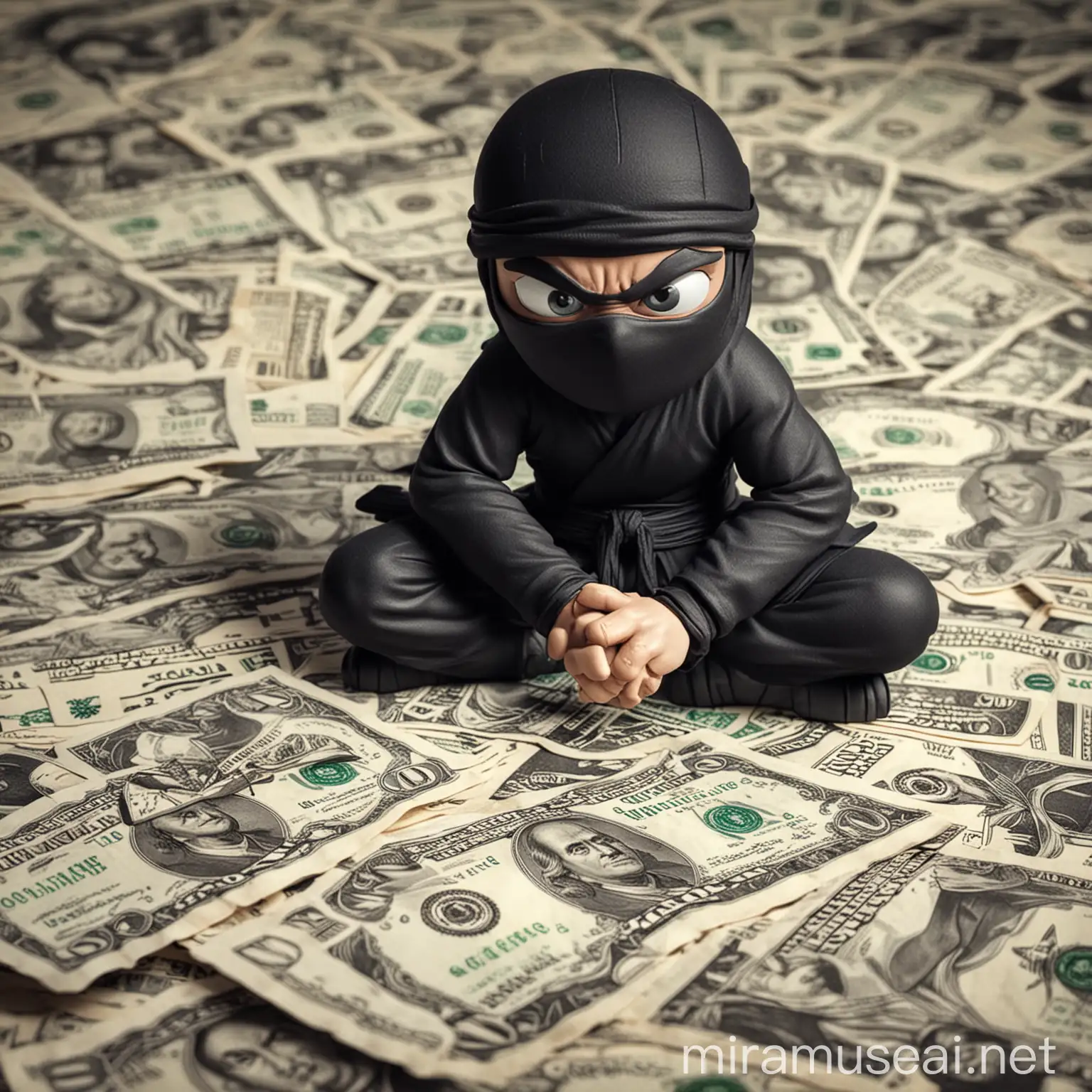 Cartoon Ninja Sitting on Pile of Dollar Bills