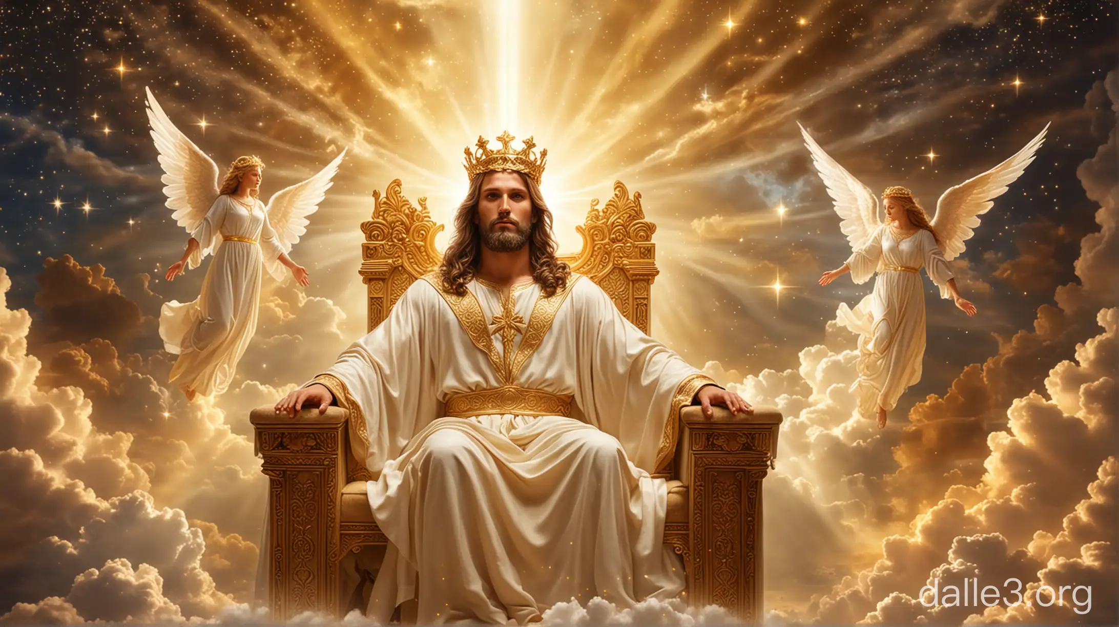 angels worshipping a very handsome jesus with golden crown, sitting on a golden throne in heaven, beautiful stars, beautiful lights, full of light and clouds