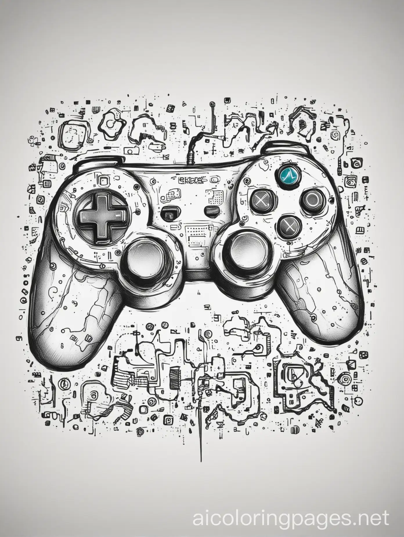 video game control graffiti, Coloring Page, black and white, line art, white background, Simplicity, Ample White Space