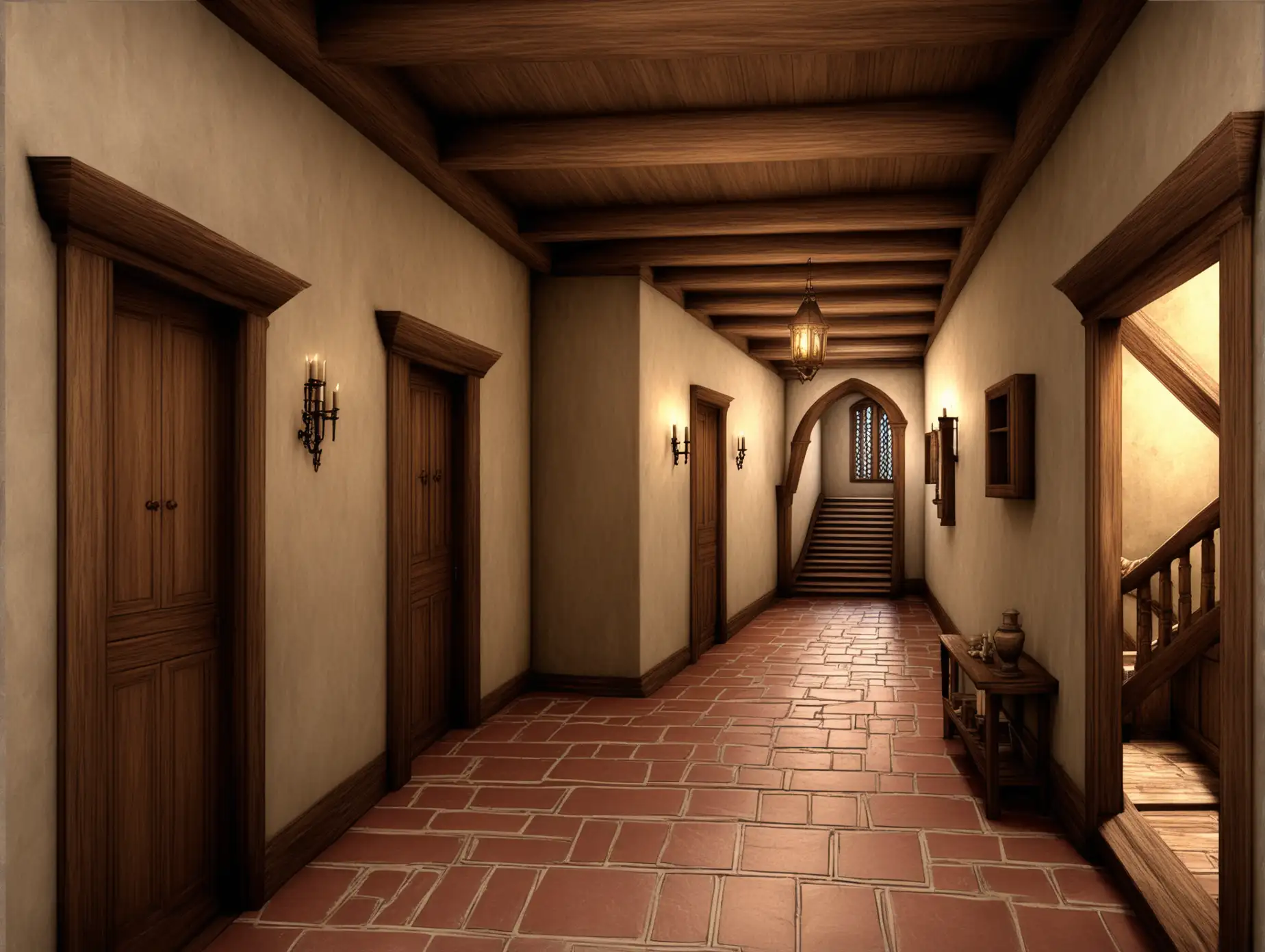 Medieval-Style-Corridor-with-Dual-Doors-and-Staircase-Fantasy-Scene