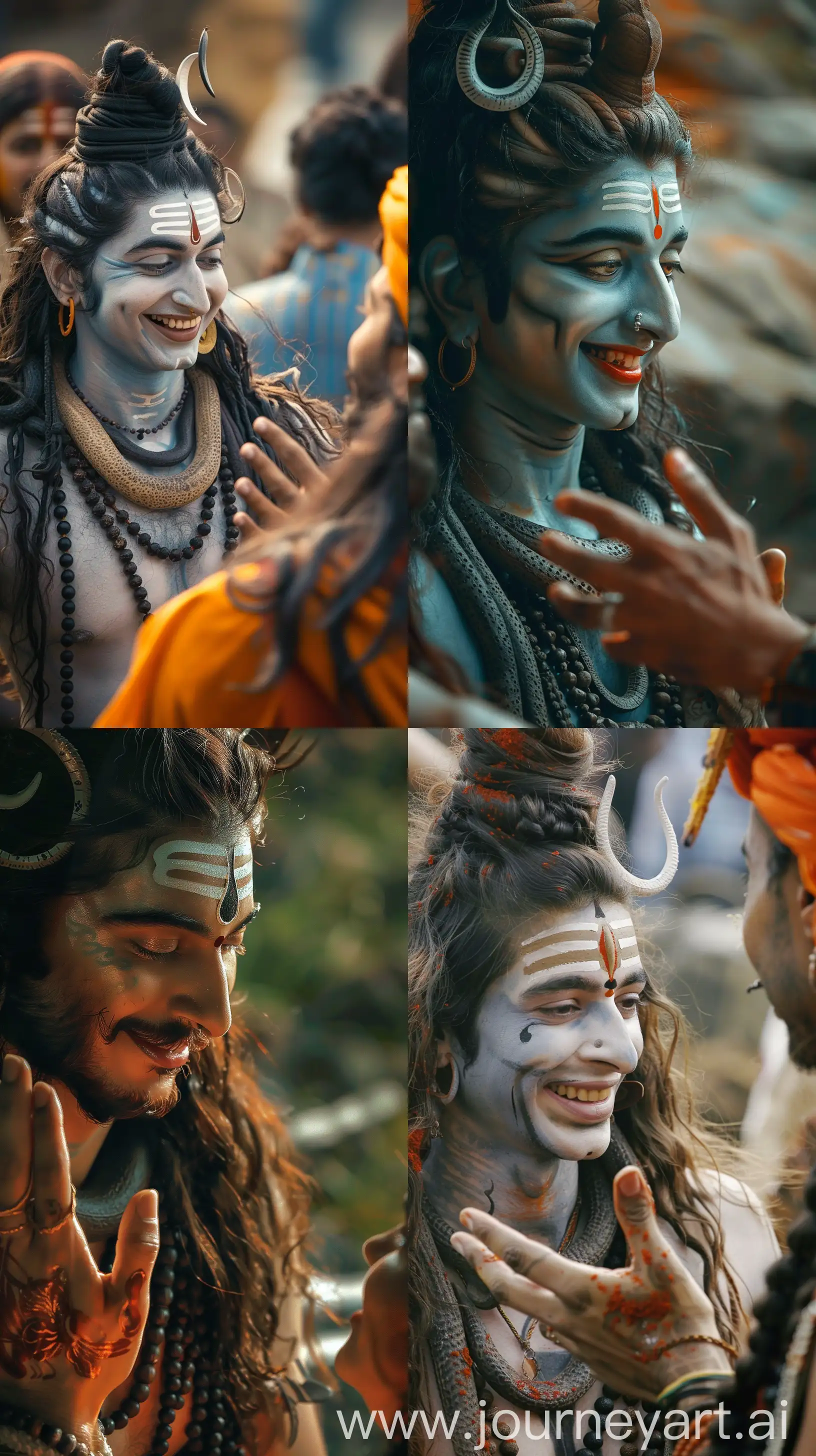 lord shiva seen talking with someone with a smile on his face, hand gestures, close up image, --s 100 --ar 9:16 --v 6