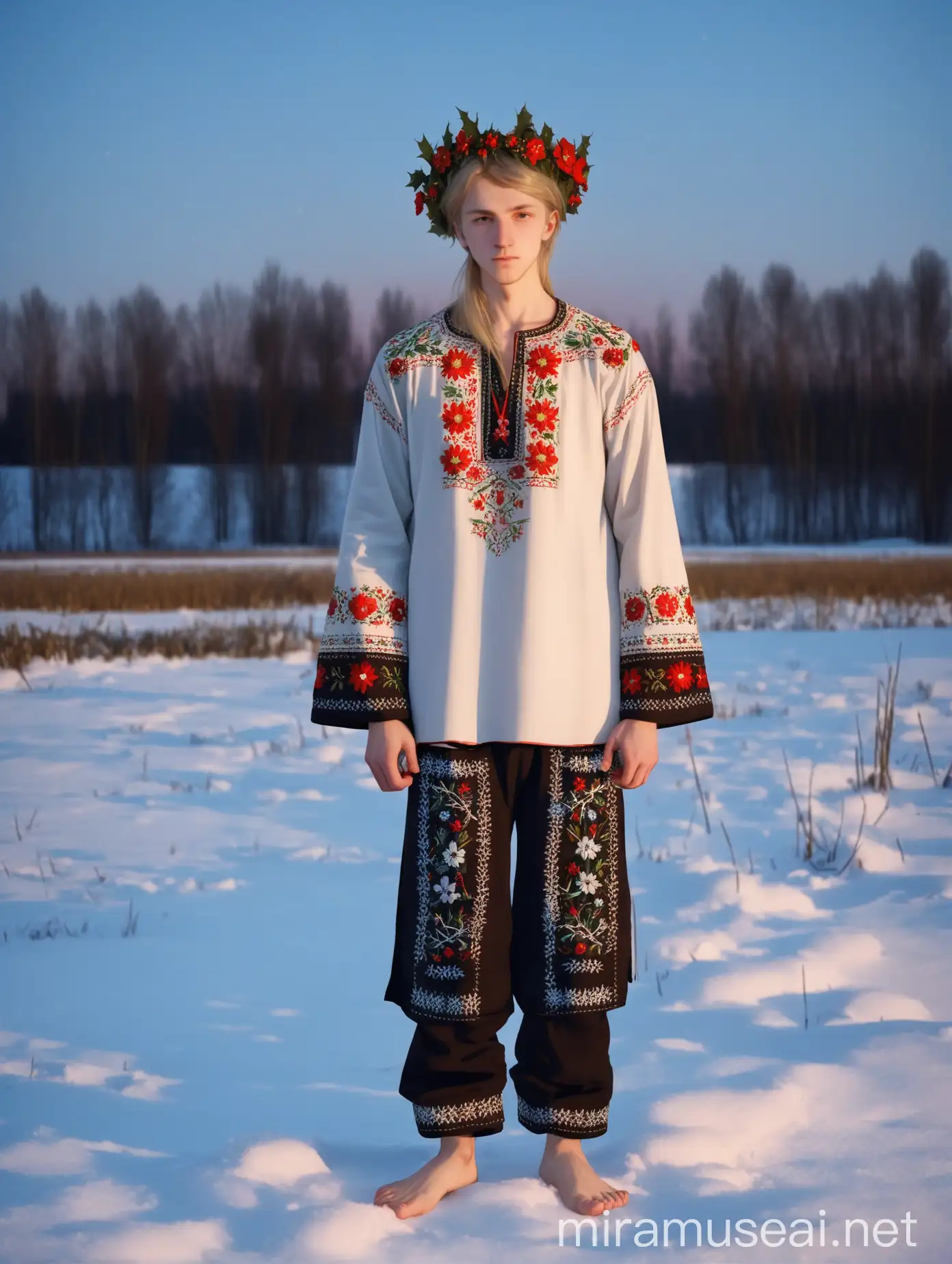 Slavic Youth in Traditional Attire Walking Barefoot in Winter Snow