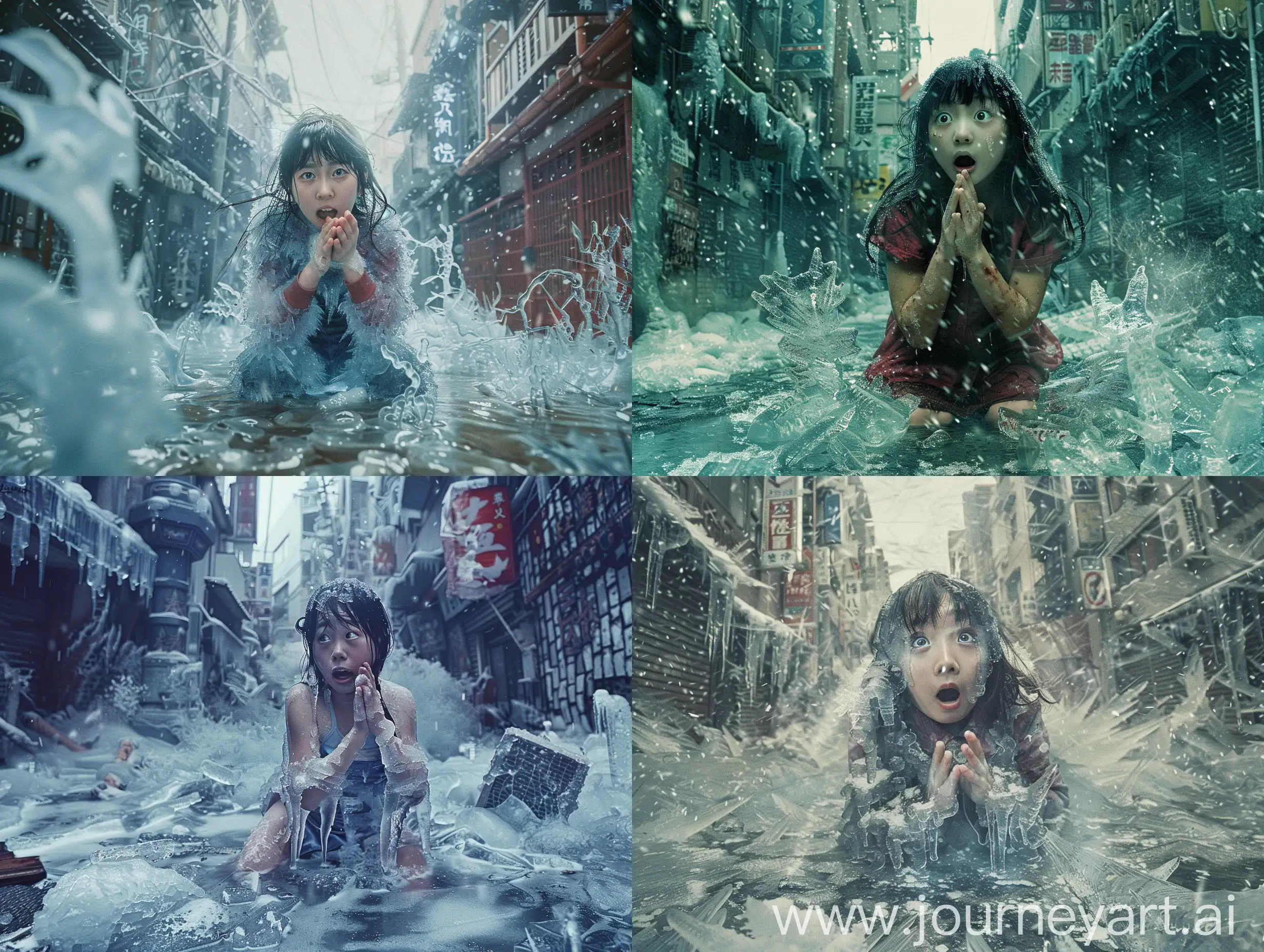 Surreal-Folk-Horror-Japanese-Girl-Frozen-in-Ice-Amidst-Apocalyptic-Storm