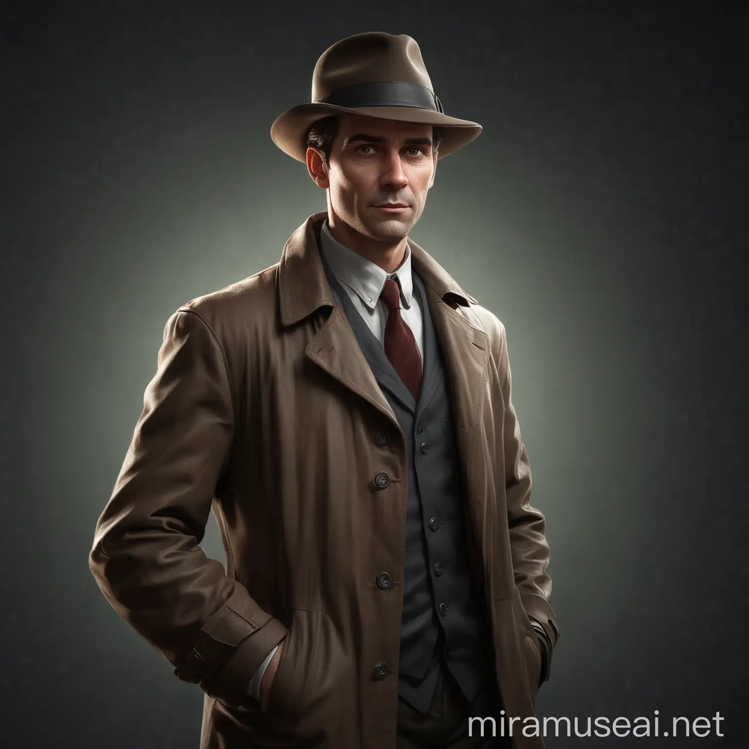 Create an image of an enigmatic, yet friendly investigator welcoming