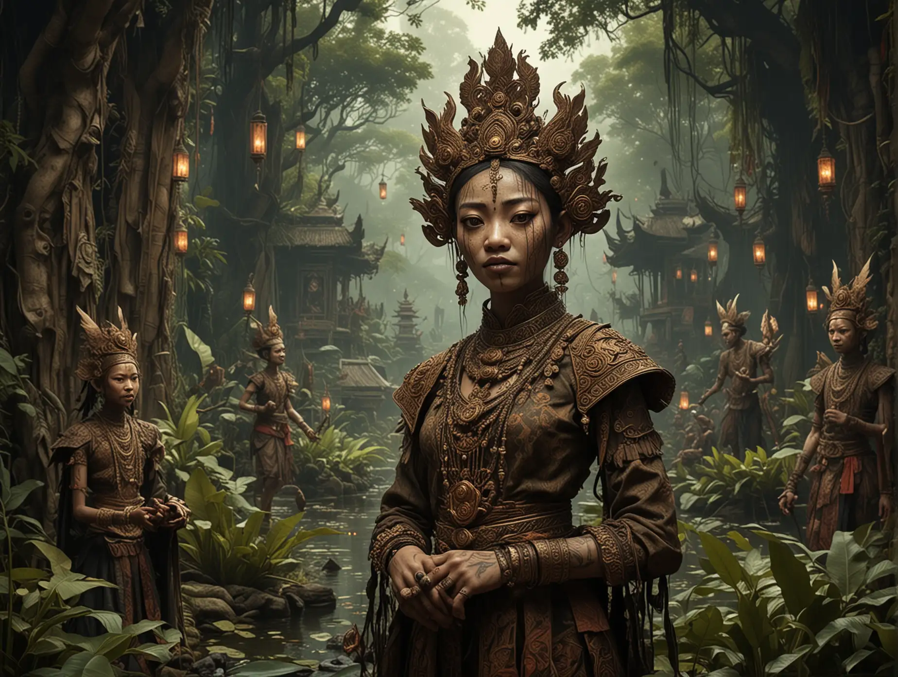 Hyper-realistic image with eerie and haunting atmosphere, Indonesian aesthetics, post- apocalyptic themes, intricate details, emotional depth, dynamic elements like fluttering batik fabrics, animated wayang puppet shadows, lively traditional Indonesian dances, whimsical and magical elements, mystical elements, fantasy creatures with gothic aesthetics, subtle hints of nature, upside-down perspectives, levitation, vibrant colors, elements from Indonesian mythology, and elements from the Ramayana or Mahabharata.