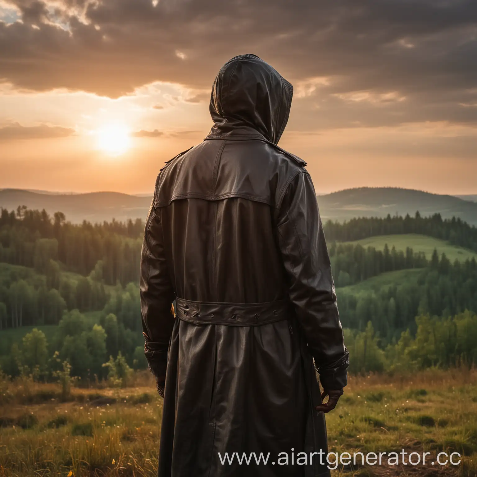 Mysterious-Figure-in-Leather-Trench-Coat-Gazes-at-Sunset-Field