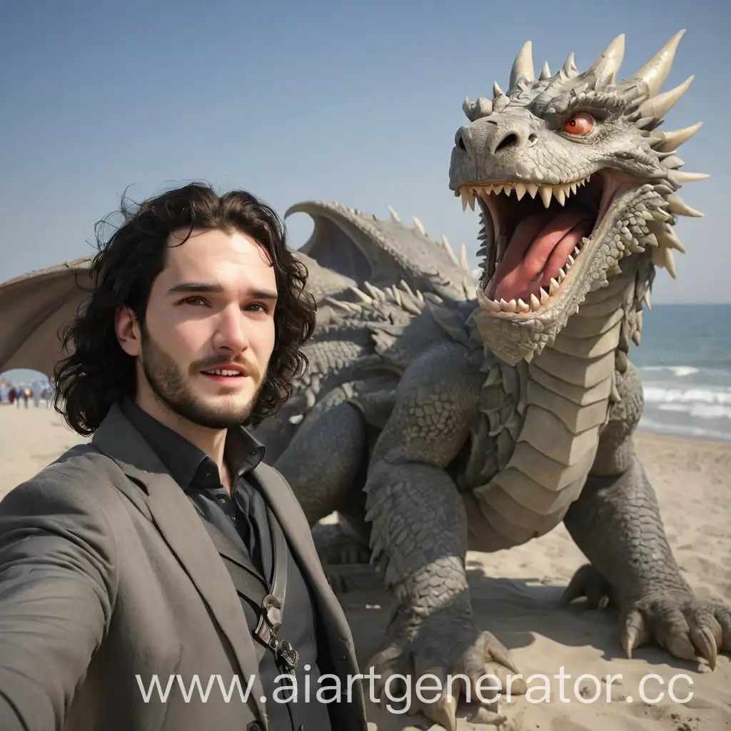 Джон Сноу в Сочи на пляже с драконом делает селфи