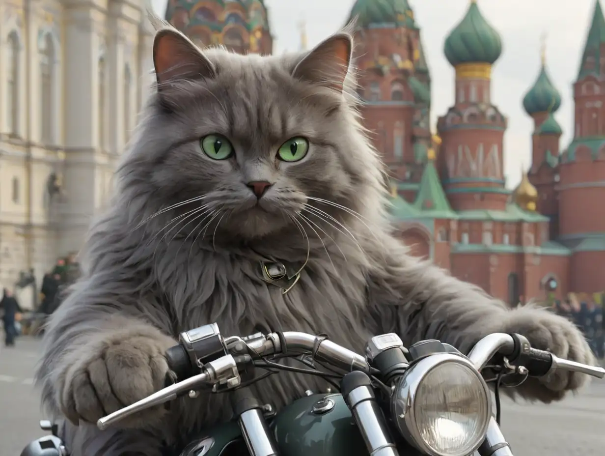 темно-серая кошка пушистая с зелеными глазами едет на мотоцикле к путину в кремль