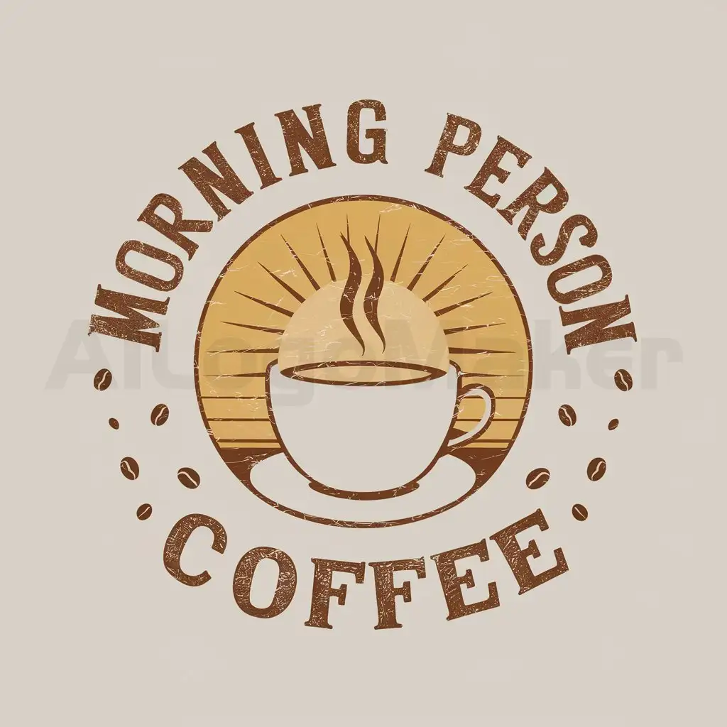 a logo design,with the text "Morning Person Coffee", main symbol:A vintage coffee cup with steam, possibly integrated with a rising sun or sun rays to represent the morning. Coffee beans can be added as small decorative elements around the main icon or within the circular badge.,Moderate,clear background