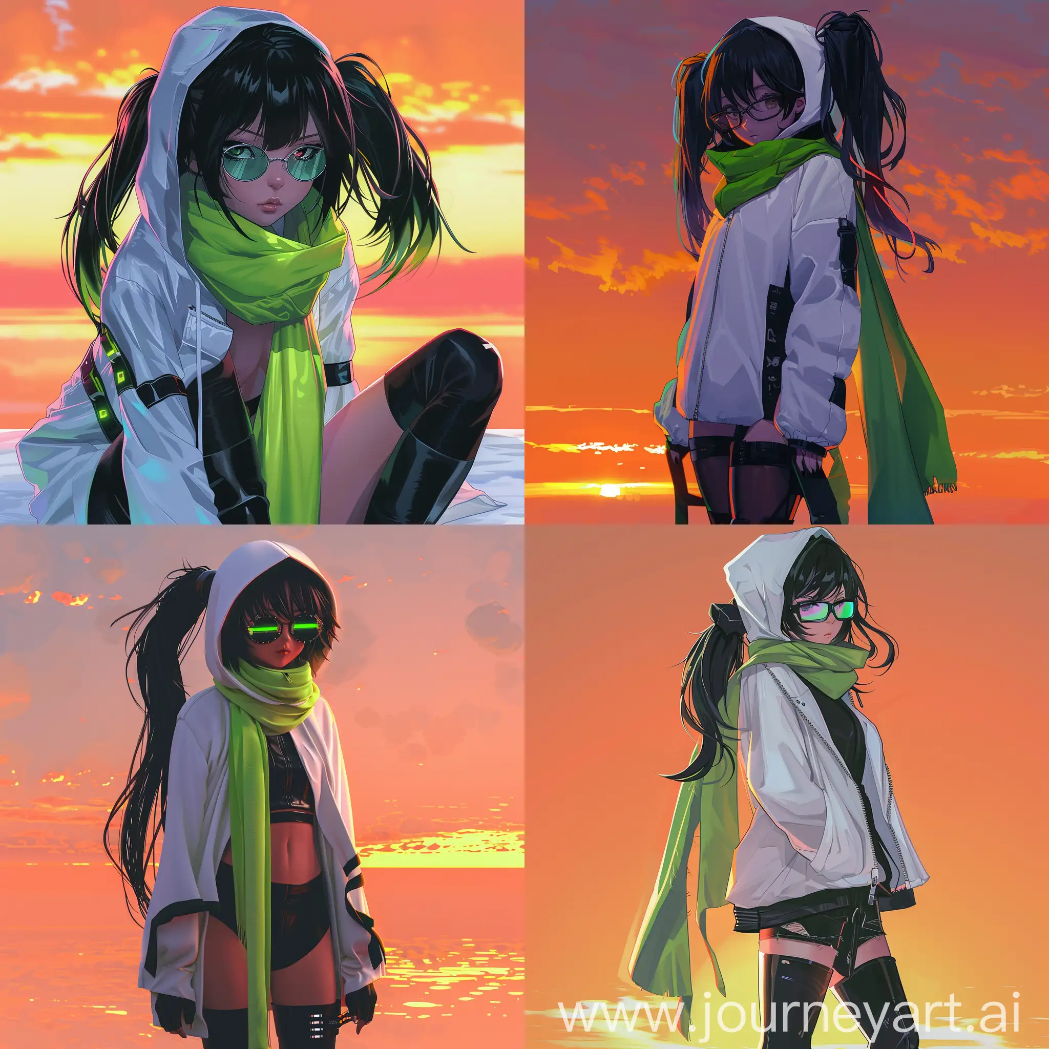 The picture shows a beautiful girl wearing a white hooded jacket and black leggins. The character is wearing a green scarf that partially covers the lower part of his face. The background is neon sunset, creating a comfortable retro atmosphere. make anime girl. very detailed illustration, 8K. full body, boots, add milieu glasses that emphasise her stern look. Black hairs in ponytails