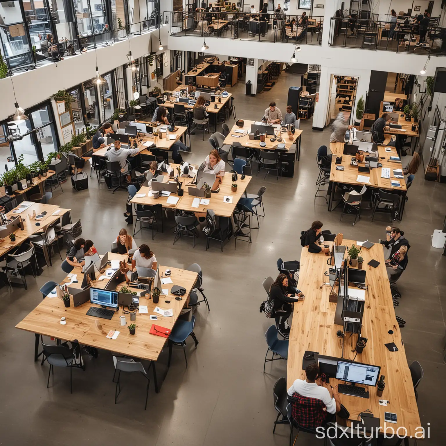 An aerial view of a modern co-working space. The space is filled with desks, chairs, and people working. There are also a few meeting rooms and a coffee bar.