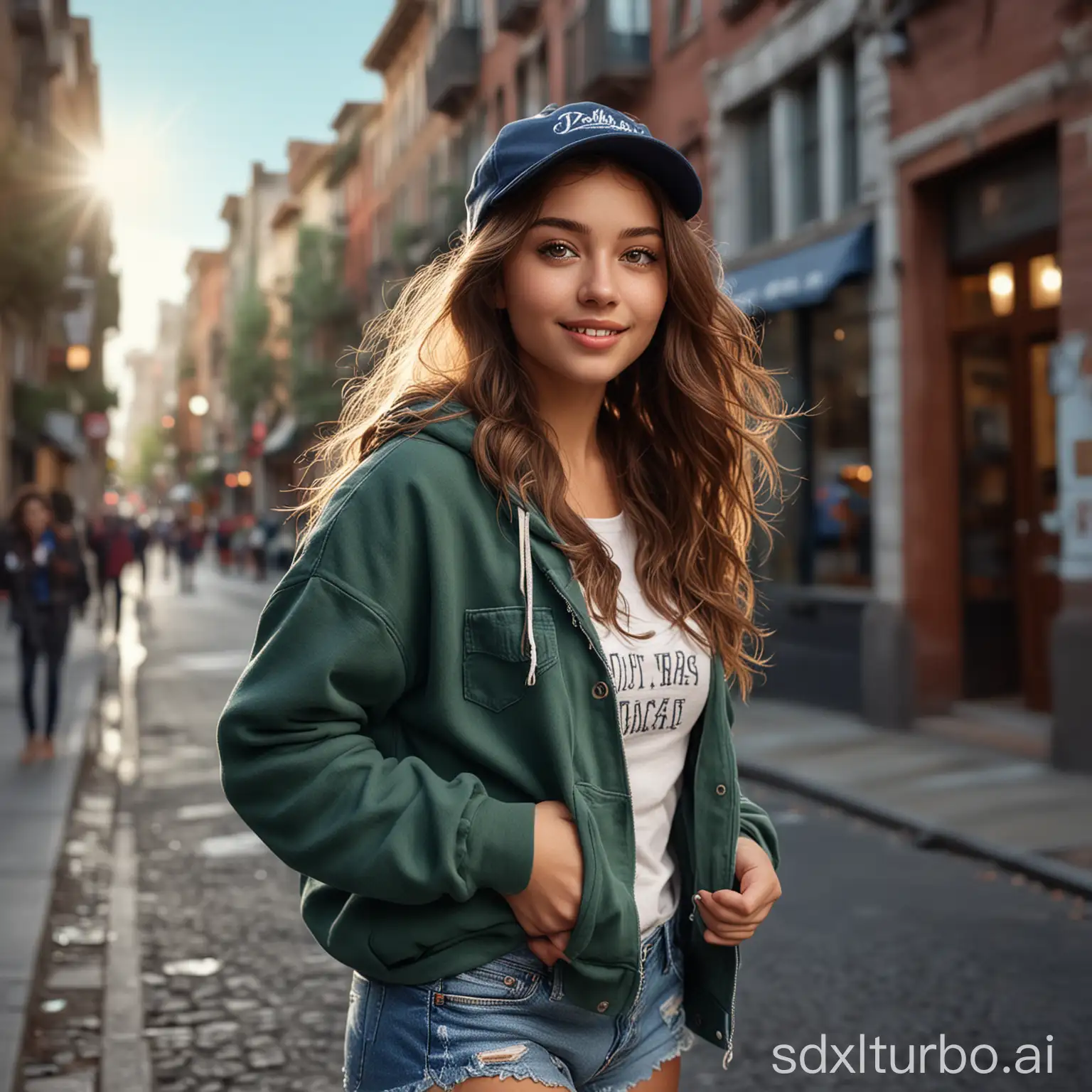 An ultra-detailed, ultra-realistic photo of a cheerful and playful young woman walking down a city street, dressed casually and stylishly in dreamy and fantasy setting. She has long, wavy brown hair peeking out from under a dark blue baseball cap. She is wearing a green hoodie with a cityscape design on the front, paired with ripped denim shorts. She carries a backpack, suggesting she might be a traveler or student. The street around her is bustling with activity, with people walking in the background and buildings lining the street. The lighting suggests it's either early morning or late afternoon, giving a warm glow to the scene. The lighting is warm and soft, adding to the serene and picturesque setting. Her expression is cheerful, with attractive, captivating eyes that draw the viewer in. The lighting accentuates the soft curves of her face, and her wavy hair frames her features gracefully. , wide aspect ratio
