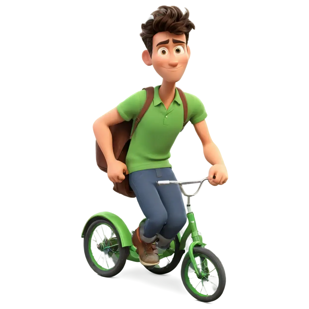 a 36-year-old man, Disney Pixar style, with tricycle  wearing green.
