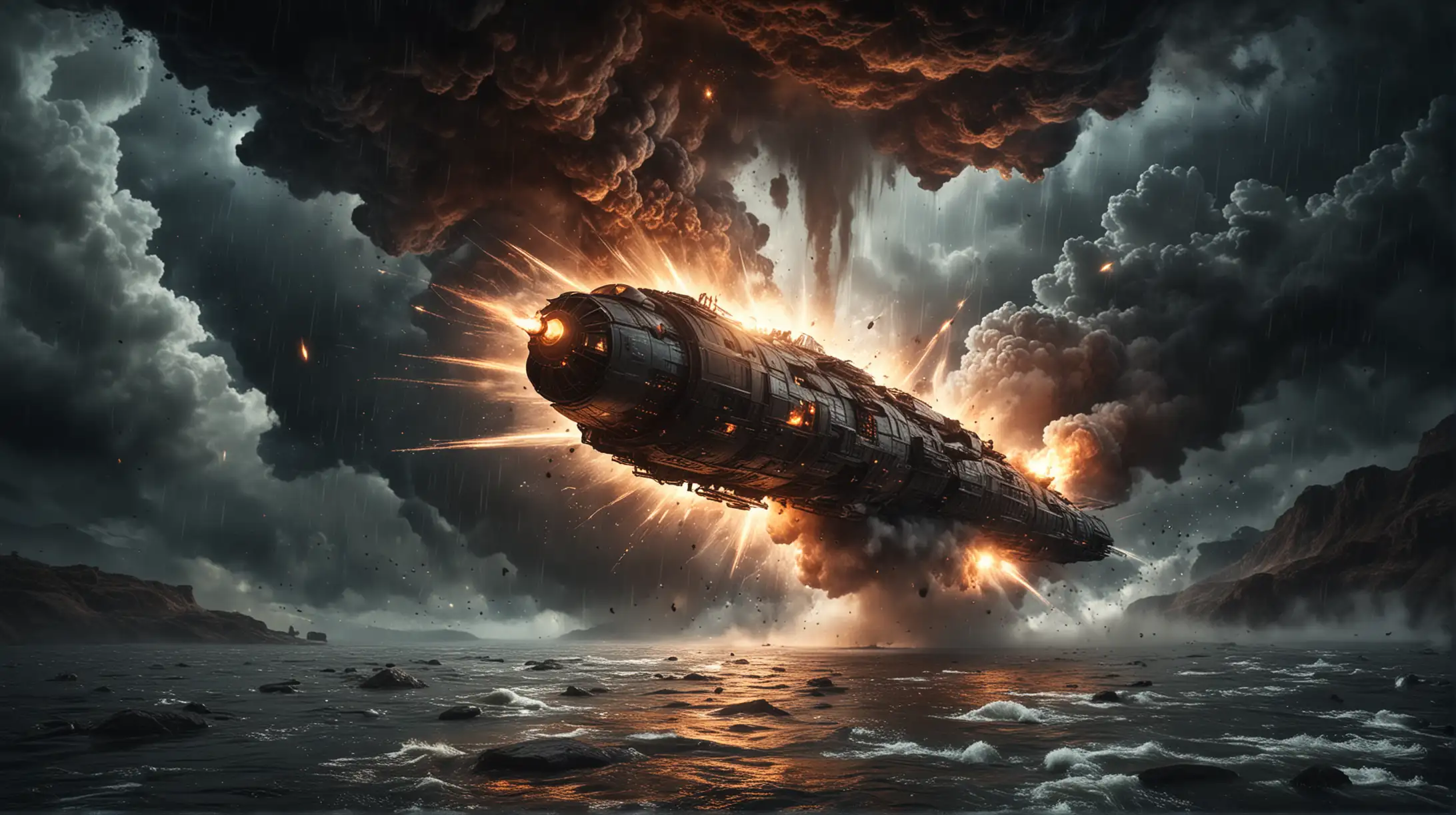 a great explosion of an interstellar spaceship over a wide river, fire, steam, smoke, dark, cloudy, heavy rain