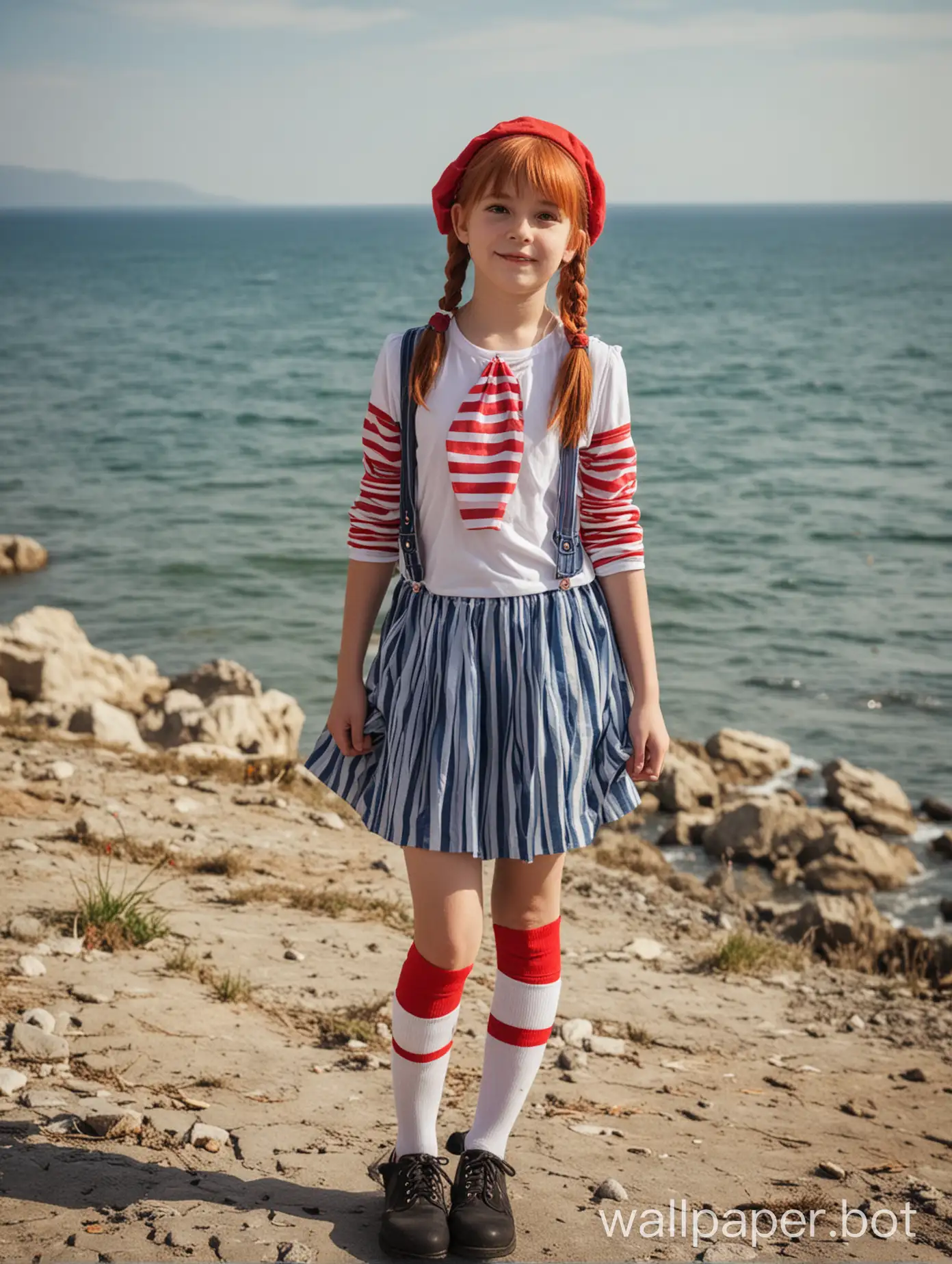 Crimea, sea view, a 10-year-old girl in the guise of Pippi with long socks, full-length, cosplay, short skirt