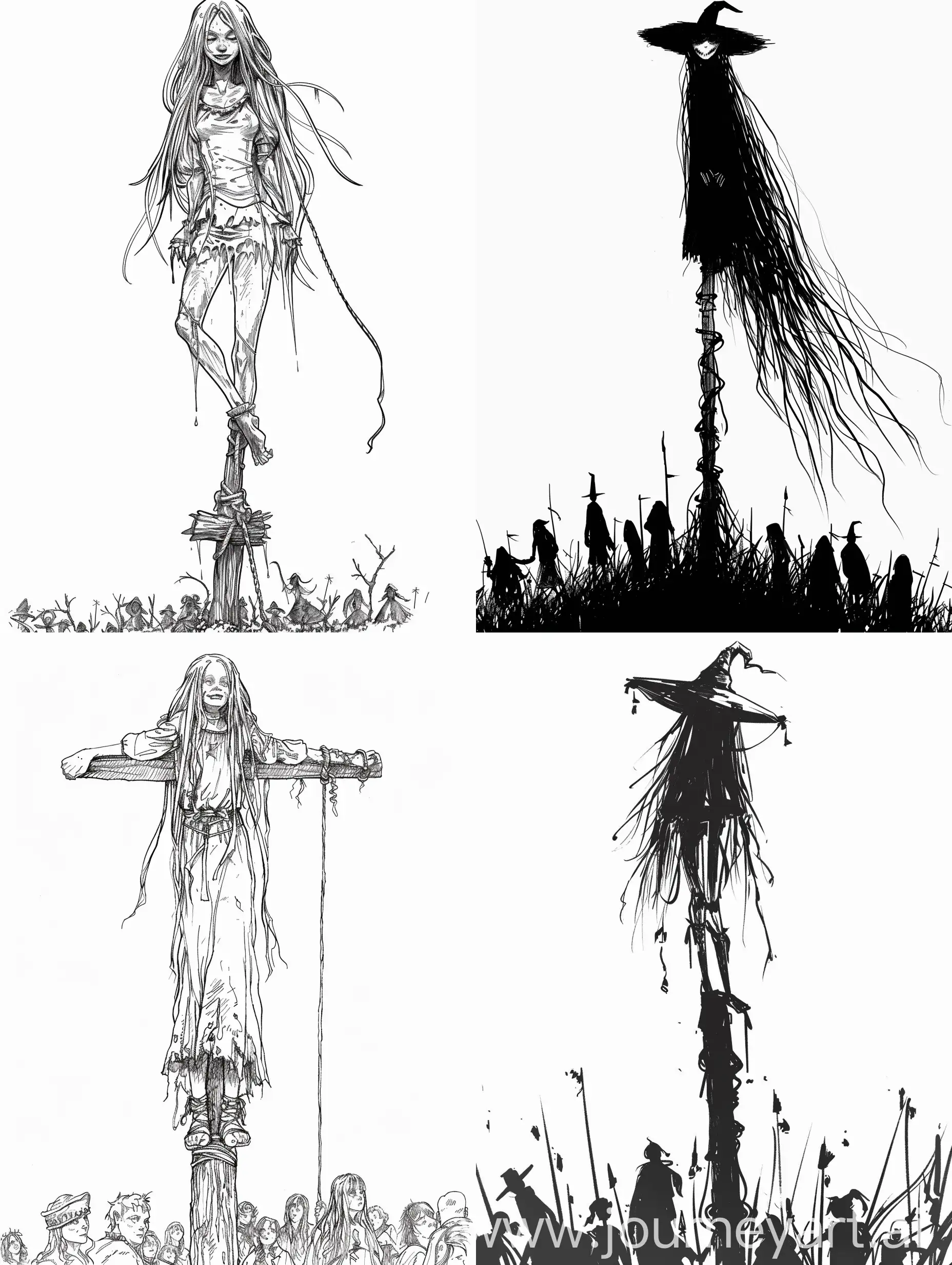 Smiling-Witch-Standing-on-Stake-with-Observing-Crowd-Black-Outline-Art