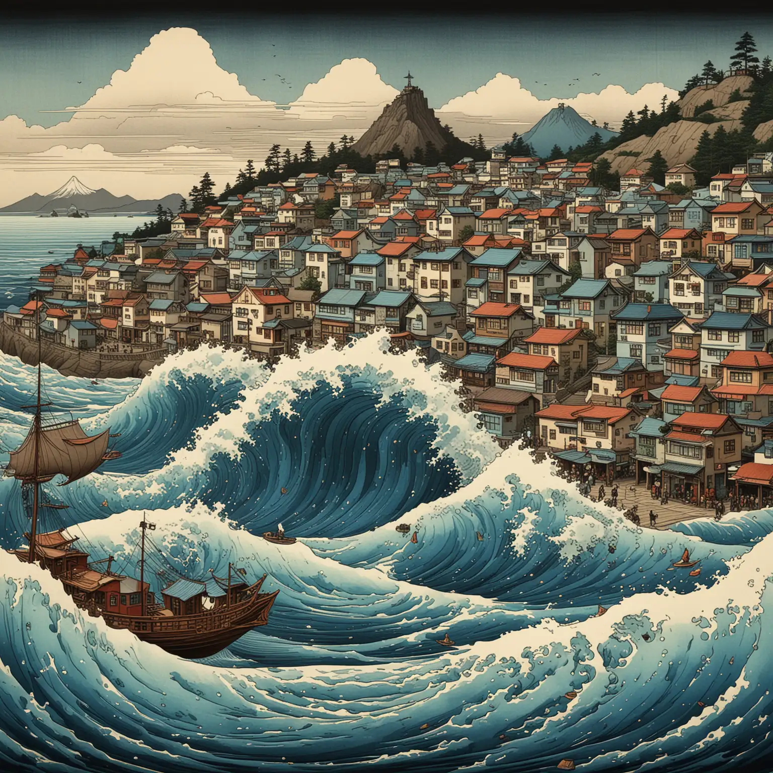 Surreal seaside town, incorporating Hiroshige's 'The Wave at Kanagawa' and Escher's geometric illusions