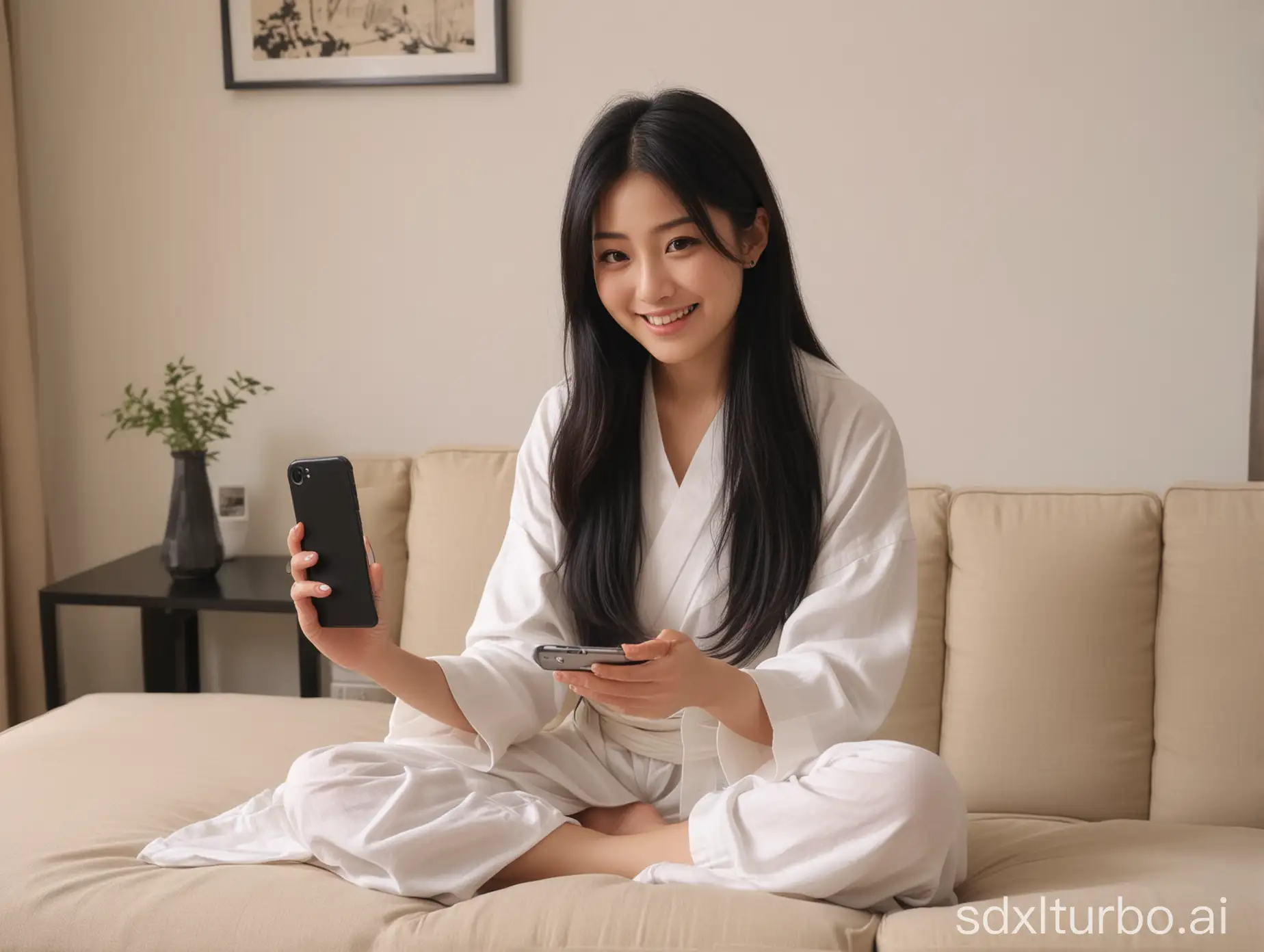 beautiful intellectual typical Japanese 33-year-old girl is playing one iPhone, living-room setting, Instagram model, long black hair, black eyes, height 6.5 feets, female, masterpiece, 4k, correct fingers or hands, smiling