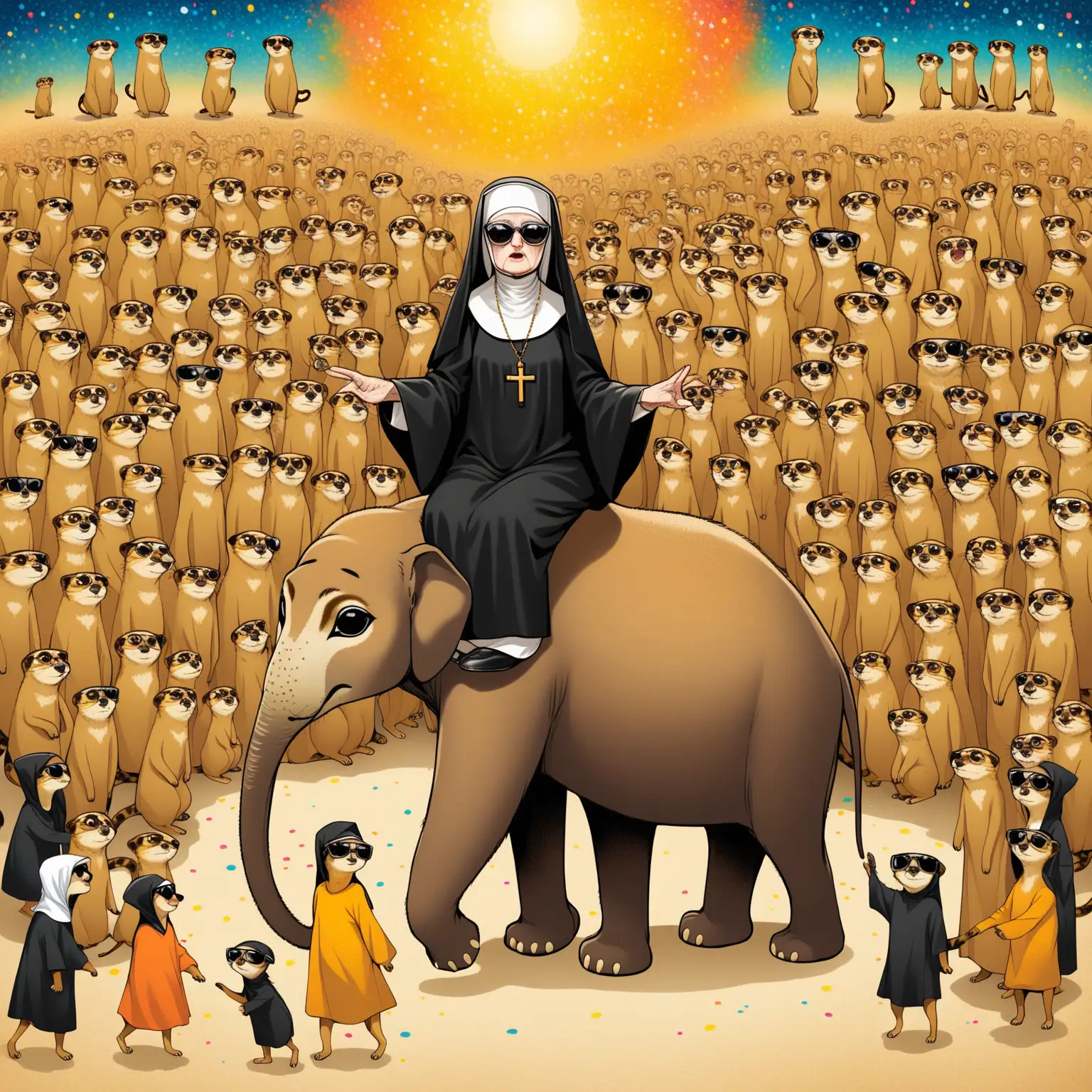 crazy old Nun on an elephant wearing  sunglasses with one large meercat playing tricks STYLE OF KUSTAZ KLIMT AND JACKSON POLLOCK no cross lots  of children lots of children