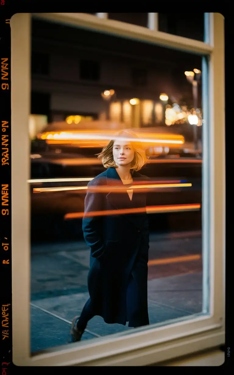 candid 35mm shot capturing emma stone through the window in San Francisco, motion blur, cinematic expired slide film