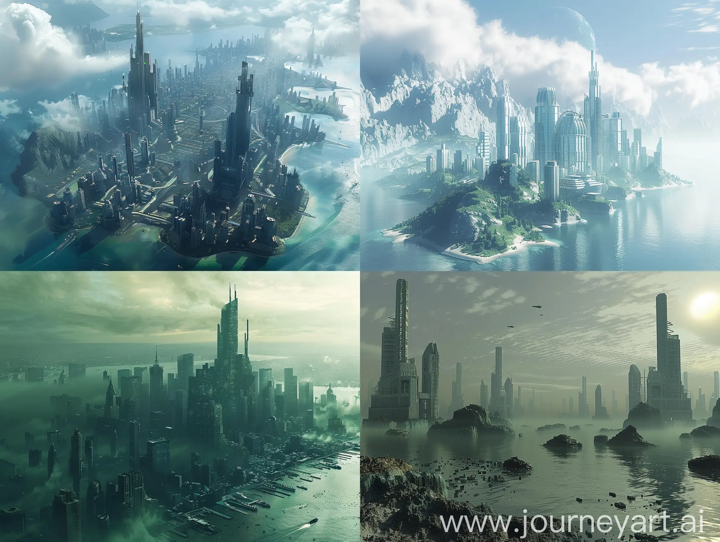a urban city in the middel of a Rocky world with a nitrogen-oxygen atmosphere and a significant hydrosphere. Oceans cover more than 90% of the surface, with scattered islands making up the remaining percentage., skyscrapers, settlemnt, urban outpost, minimalist