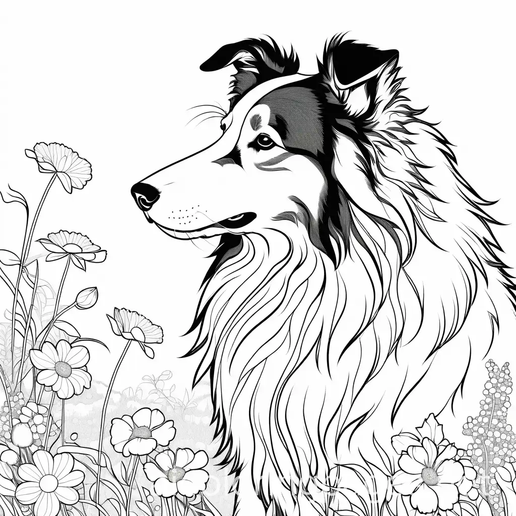 A rough collie smelling flowers, Coloring Page, black and white, line art, white background, Simplicity, Ample White Space. The background of the coloring page is plain white to make it easy for young children to color within the lines. The outlines of all the subjects are easy to distinguish, making it simple for kids to color without too much difficulty