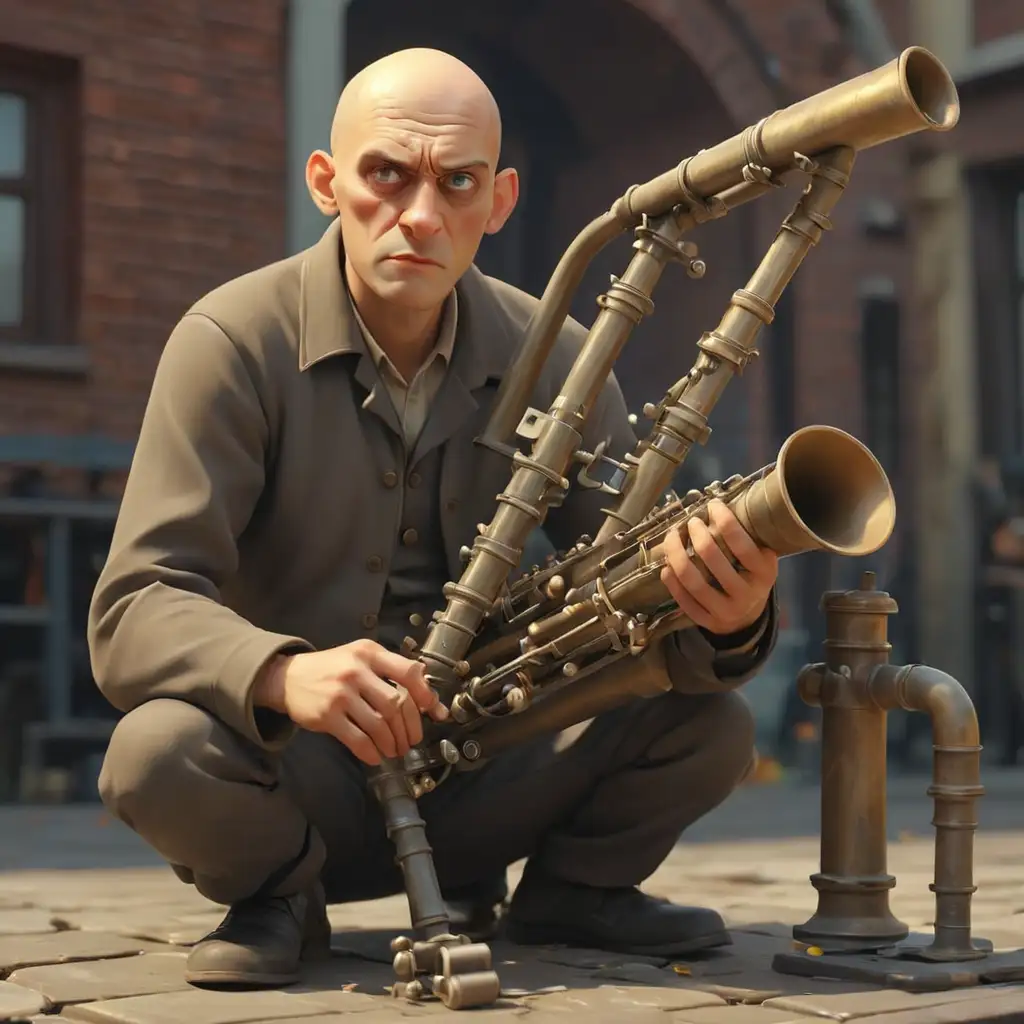 лысый Писатель Маяковский играет на музыкальном инструменте, сделанном из водосточных труб. стиль реализм, 3д-анимация