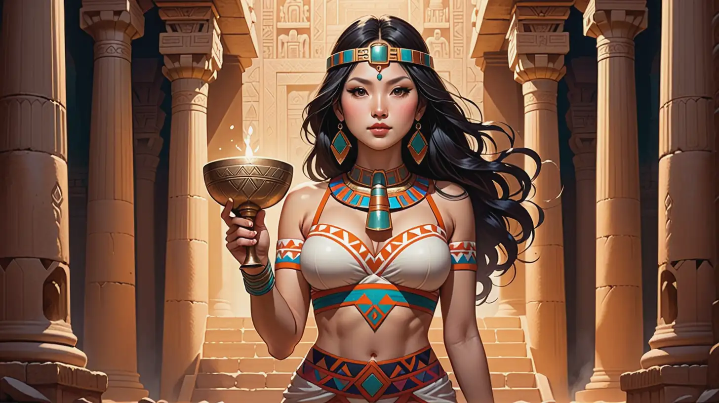  artwork Frank cho style of a woman in Aztec clothing holding a chalice in her hands at the edge of a very deep pit in an ancient temple