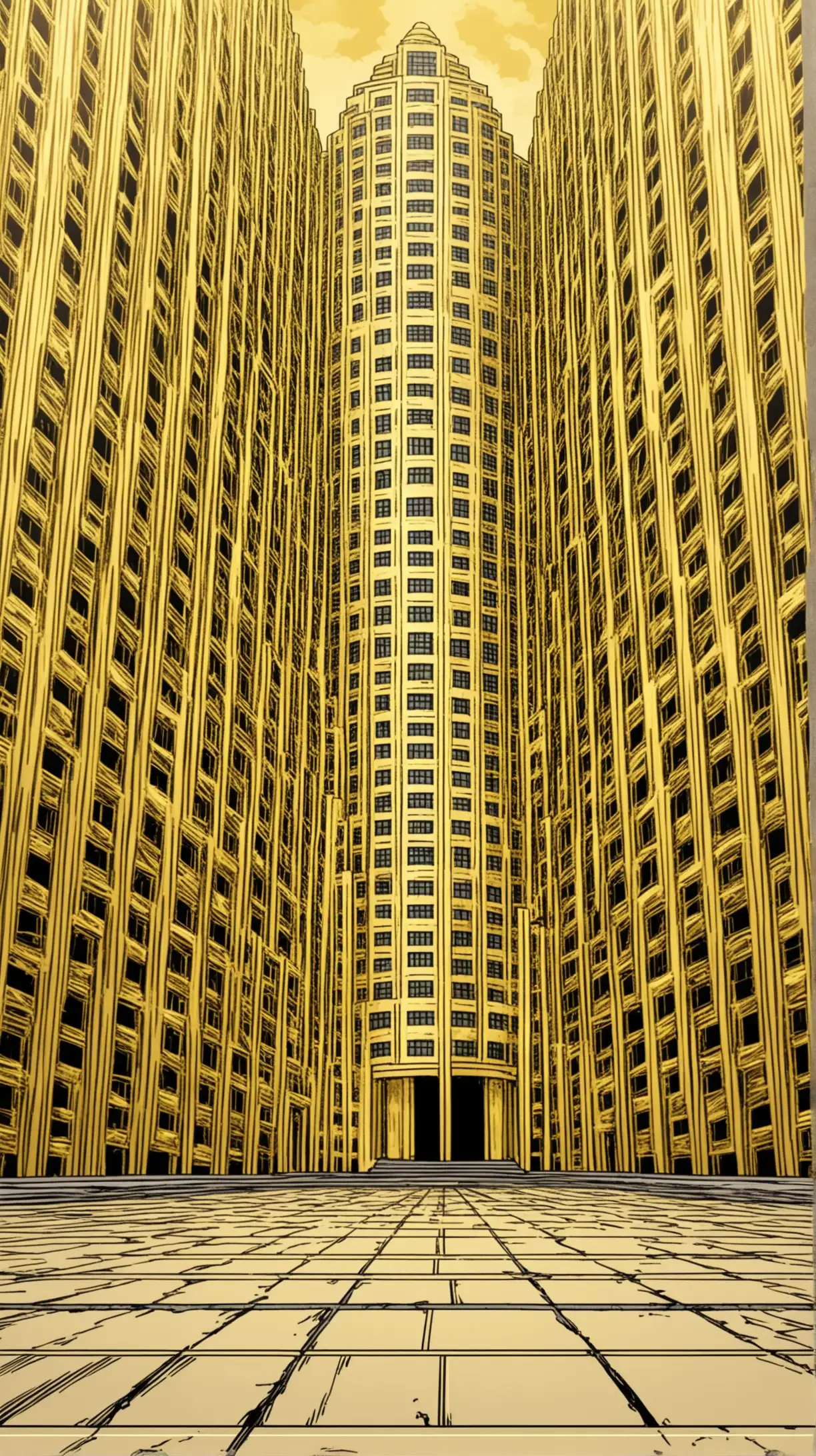 Comic Book Style Gold Building with Symmetrical Facade and Sidewalk