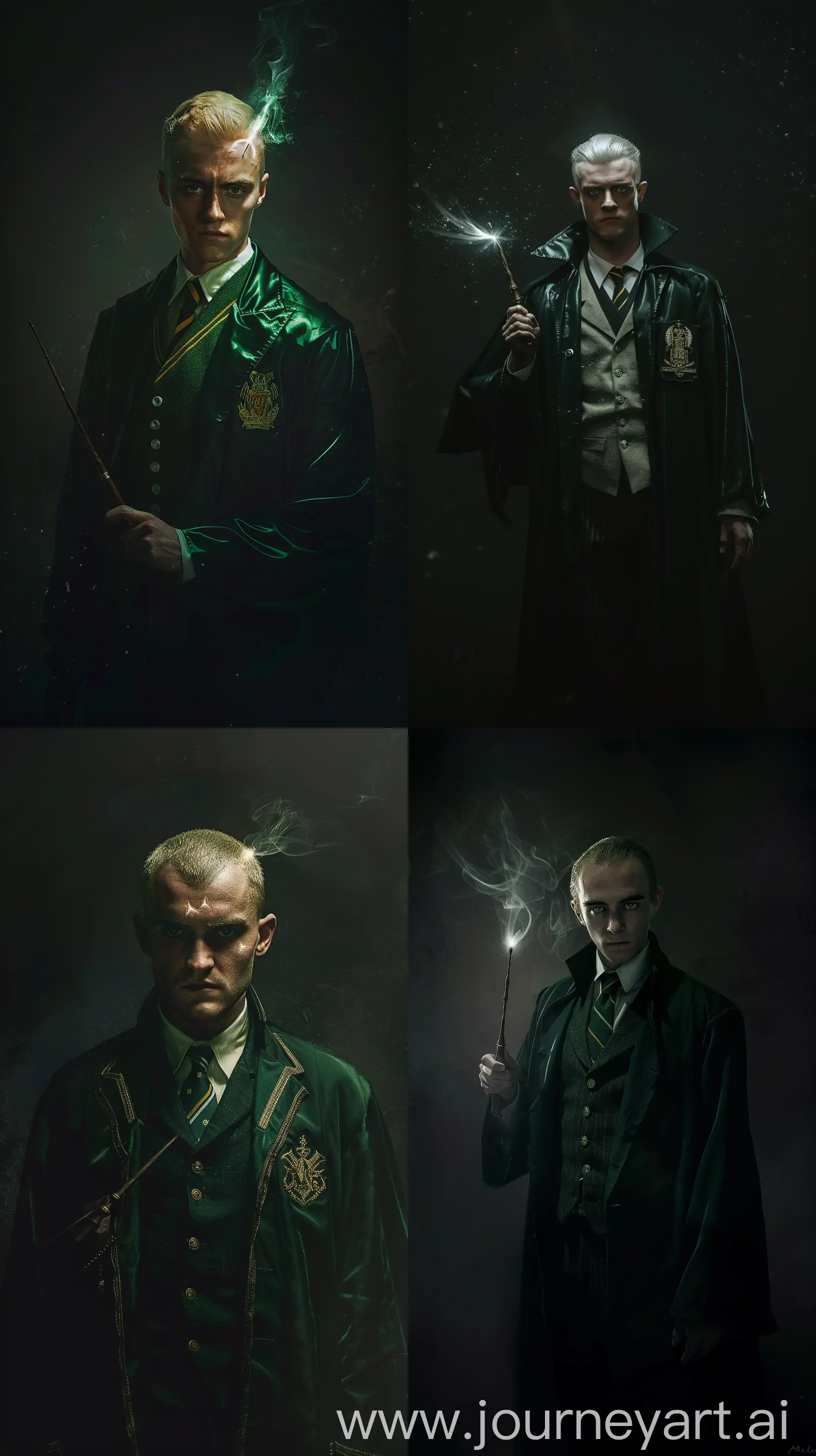Draco Malfoy (Tom Felton), Slytherin uniform, highlights himself with a wand, there is complete darkness around, waist-high portrait, ultra realistic, --ar 9:16