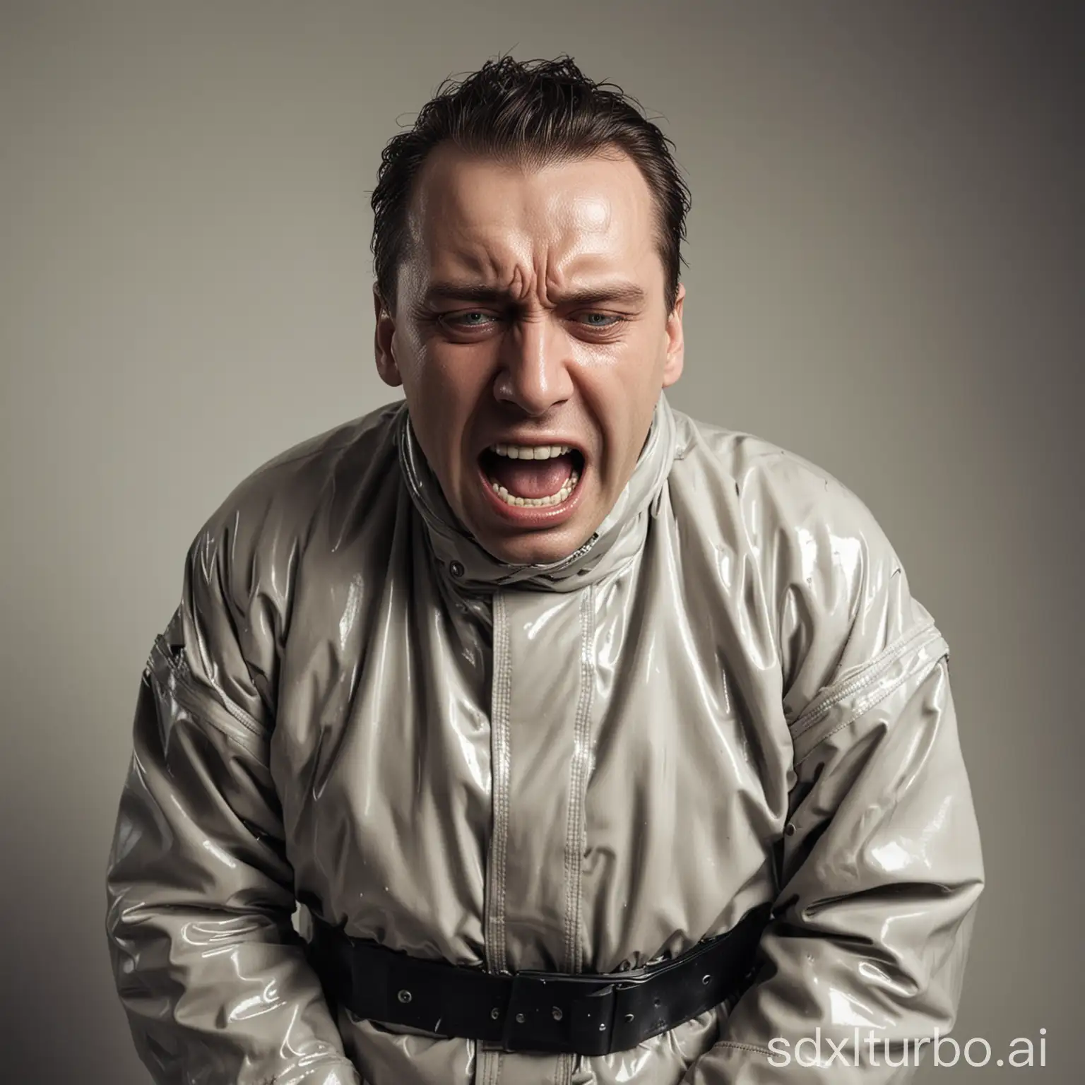 crying man with straitjacket in rubber cell