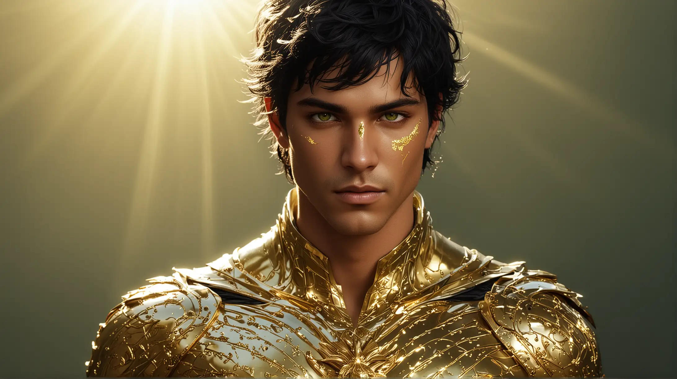 (gold skin:1.39), ((man) |  (with gold tan, Black hair, green eyes  | [armour] | (Completely gold skin) solar rays