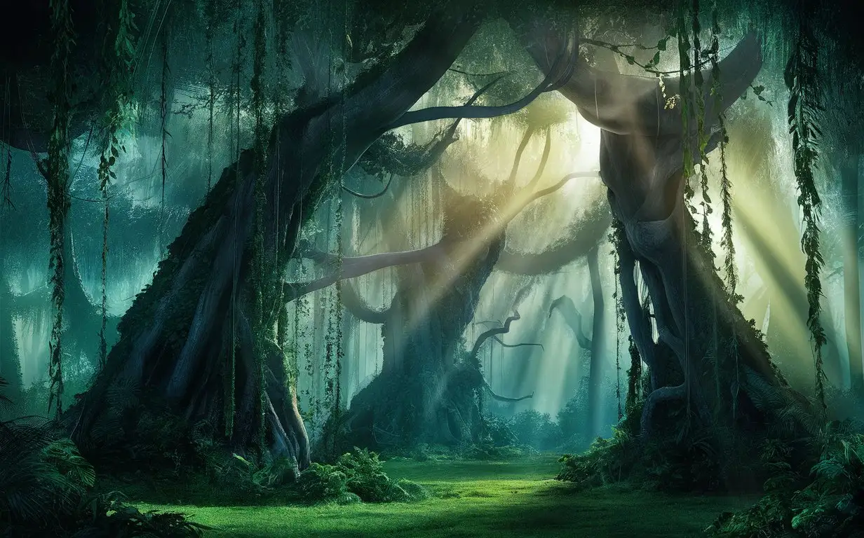 Mystical Tropical Forest with Banyan Trees and Sun Rays